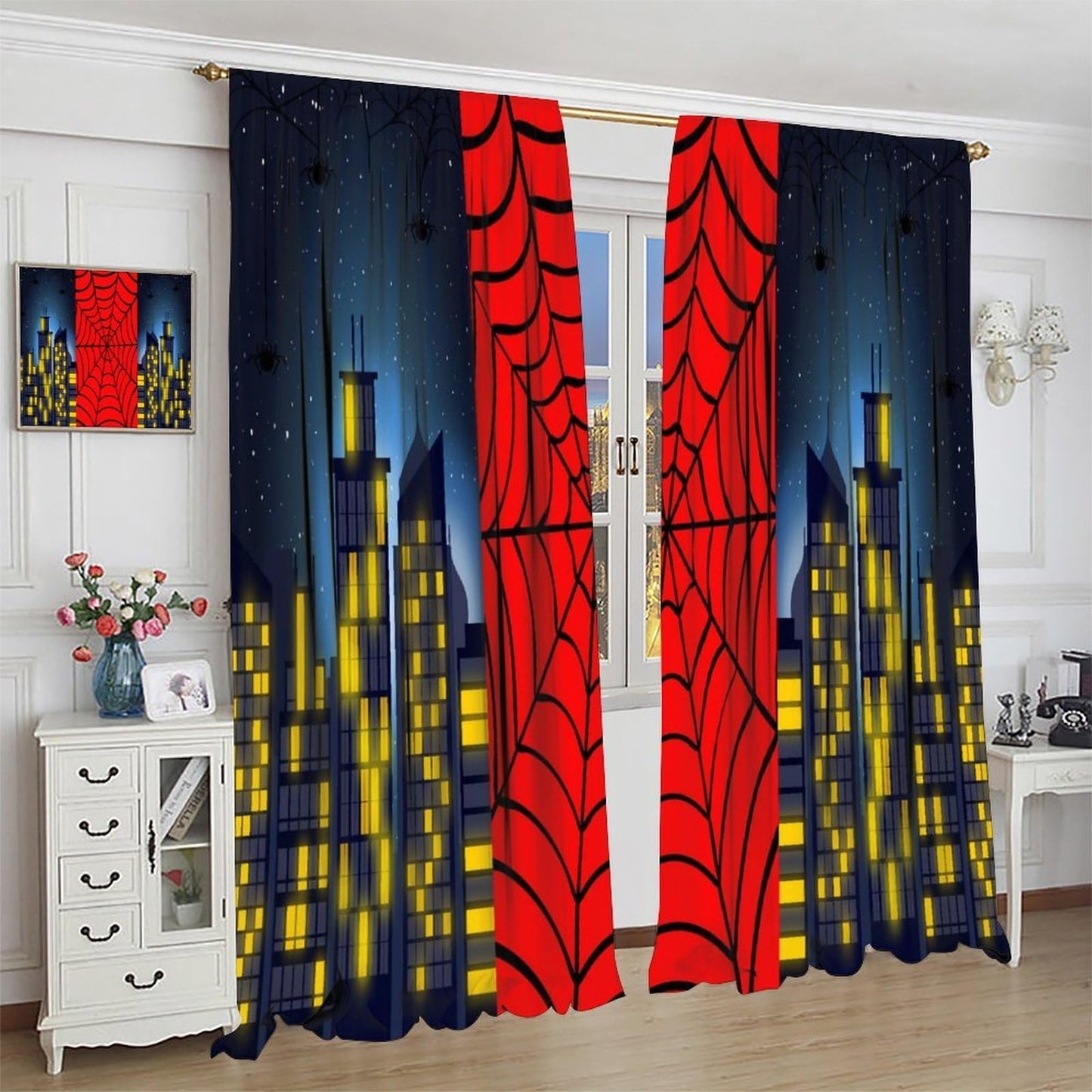 Djaby Spider Web Curtains, Red Scary Spider Web Super Hero Window Treatments Drapes for Kids Baby Nursery Room Bedroom Living Room 42" W X 45" L(No Blackout)