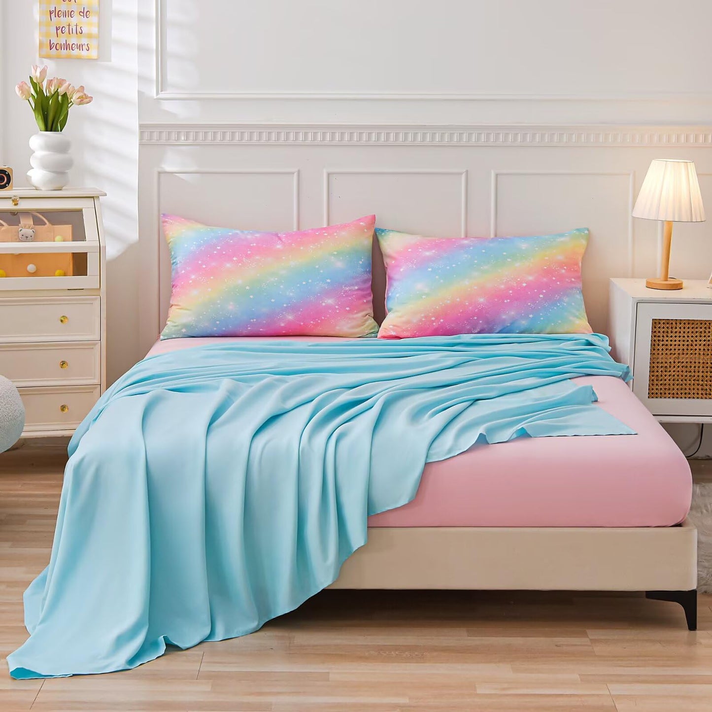 GRAT TIOC 6 Pieces Pink Twin Comforter Set for Girls,Kids Glitter Galaxy Rainbow Bedding Sets Bed in A Bag (1 Comforter, 1 Flat Sheet,1 Fitted Sheet,2 Pillowcases and 1 Cushion Cover)