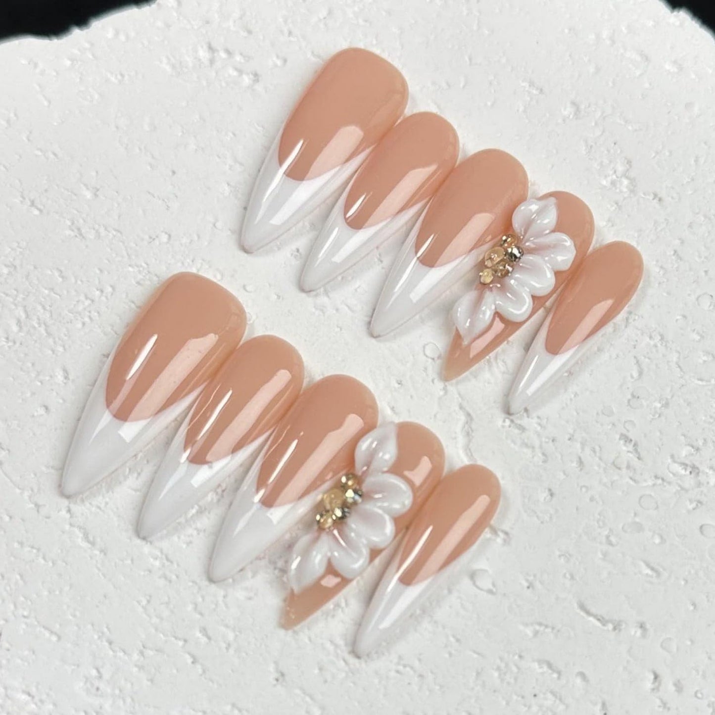 White French Press on Nails Long Stiletto False Nails with 3D Flower Designs Handmade Fake Nails Handmade Muti-Layer Gel Acrylic Full Cover Stick on Nails for Women（Size M)