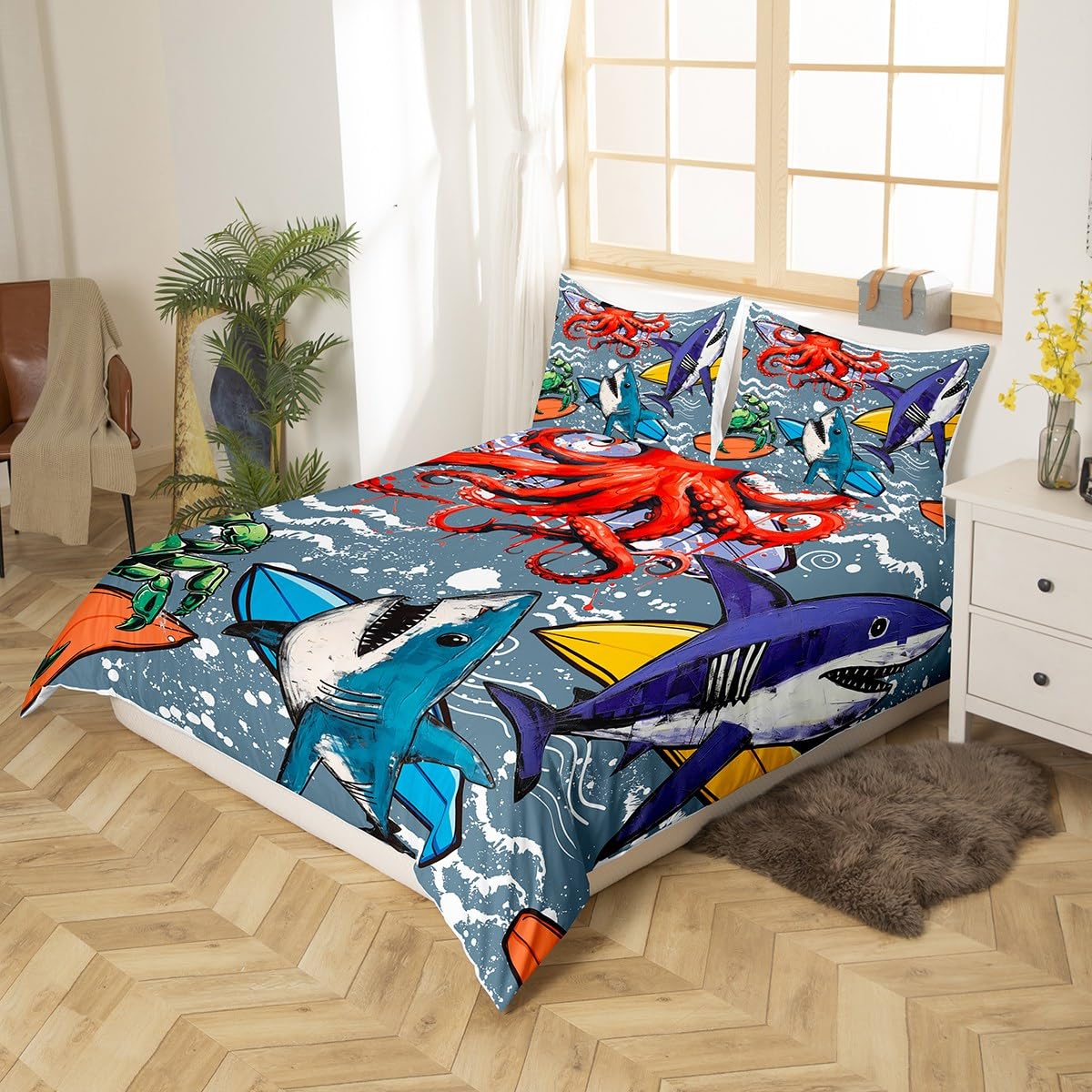 Feelyou Kids Cute Shark Bedding Set Cartoon Octopus Comforter Cover for Boys Children Ocean Surfing Animal Duvet Cover Sea Marine Creature Bedspread Cover Room Decor 3Pcs With 2 Pillow Case Queen Size