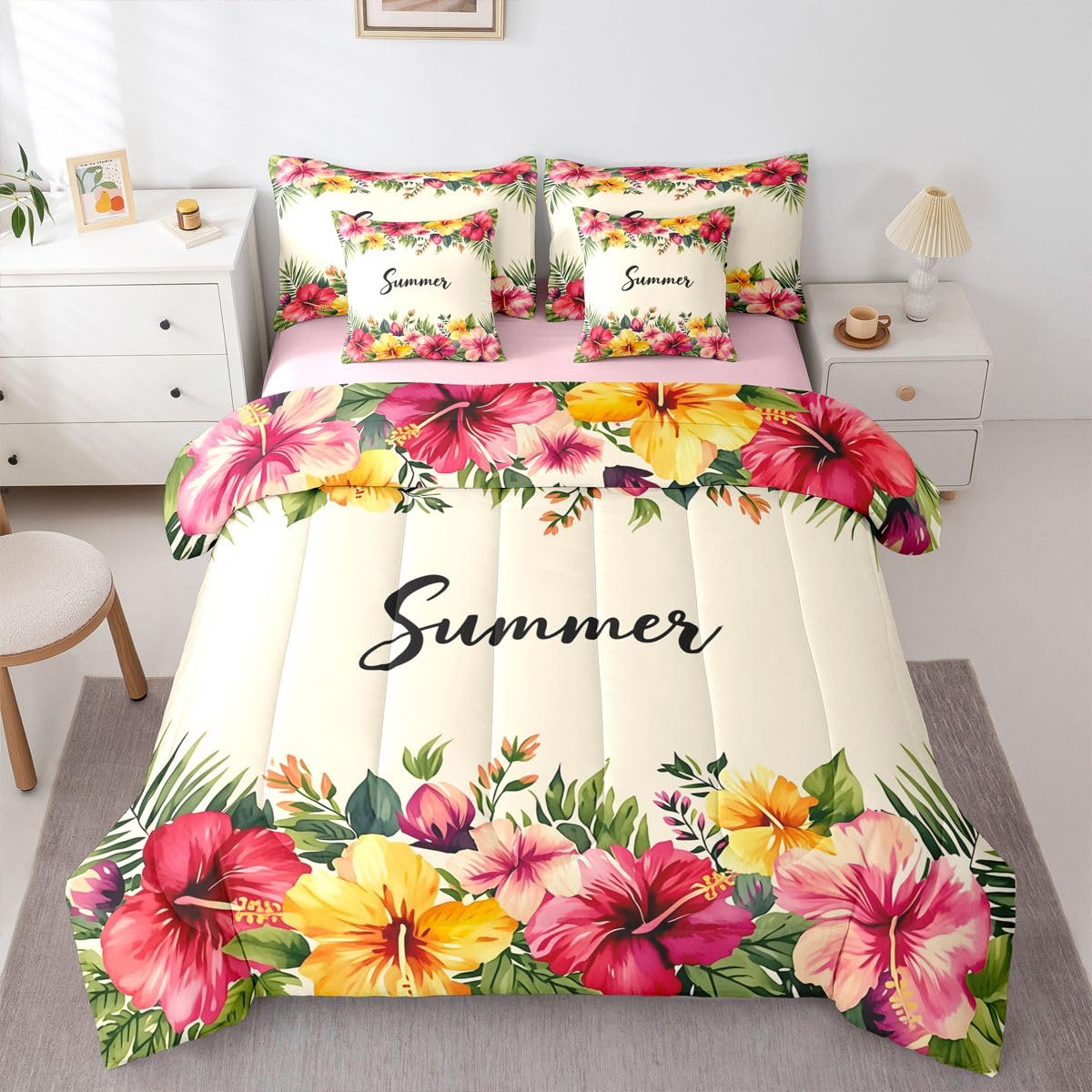 Erosebridal Tropical Hibiscus Queen Bedding Set Pink Yellow Watercolor Floral Comforter Set Girls Women Summer Hawaiian Flower 7-Piece Bed in a Bag Beach Vacation Art Quilt Sets