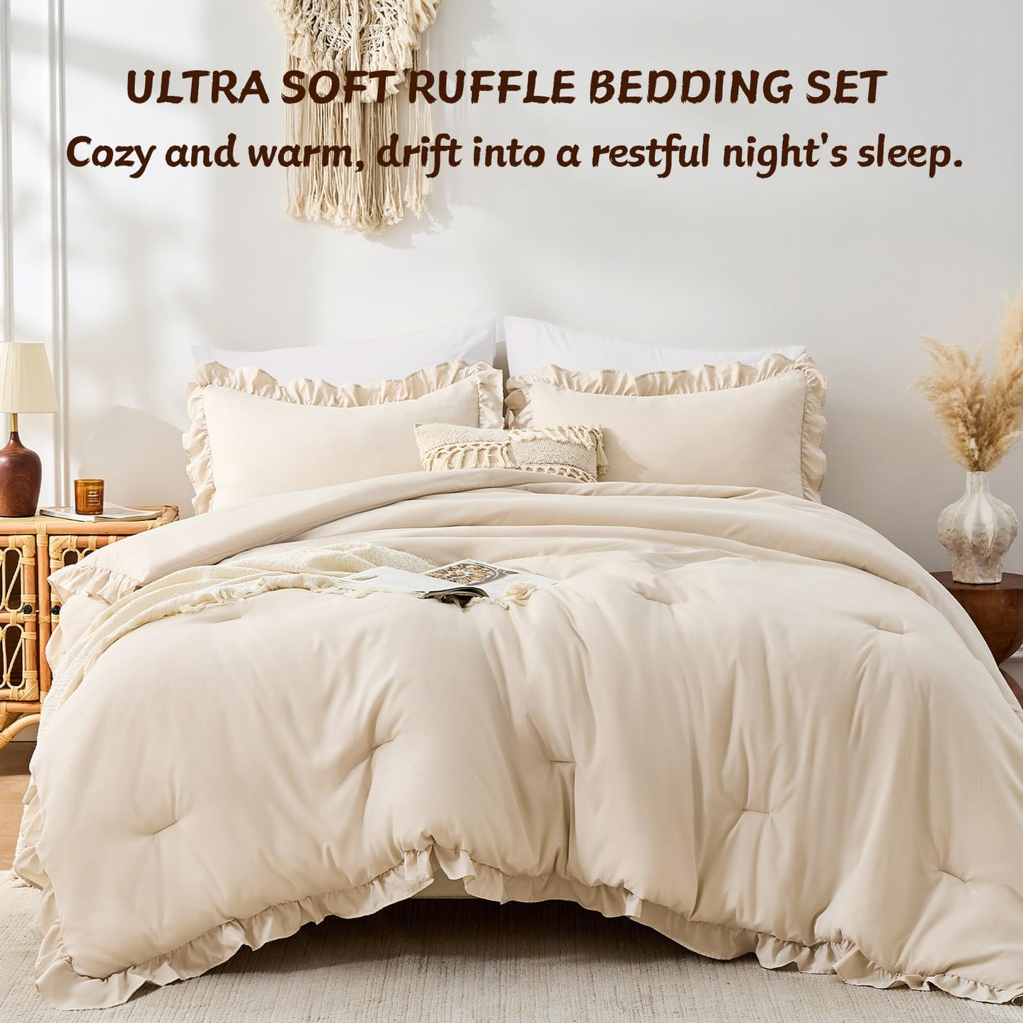 FUANNA Queen Comforter Set Beige 3 Pieces, Ruffle Shabby Chic Queen Bed Set, Fluffy Lightweight Soft Bed in a Bag Queen for All Seasons, Farmhouse Bedding Comforter Sets(1 Comforter & 2 Pillowshams)