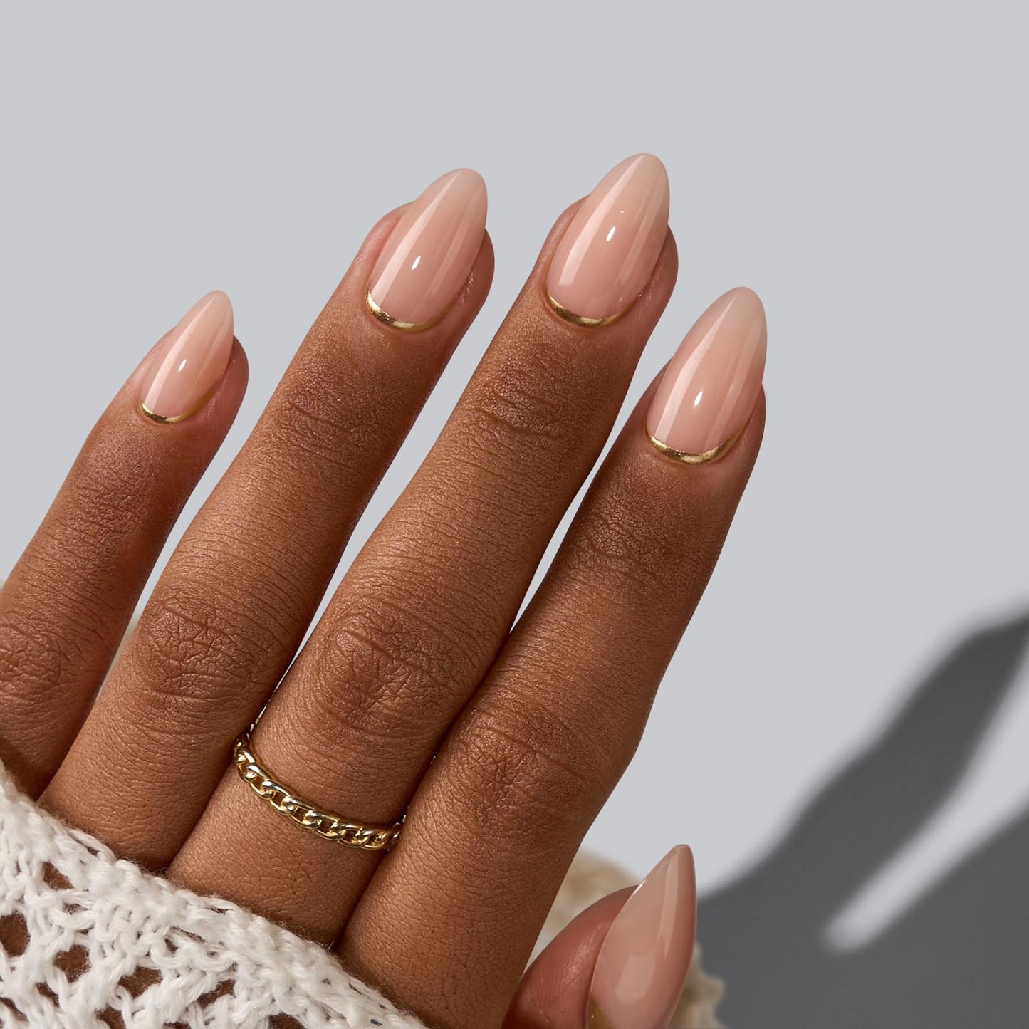 BTArtbox Press On Nails Almond - Short Gold Foil Press On Nails with Glue for Women, Semi-Transparent Soft Gel Glue On Nails in 16 Sizes - 32 Stick On Nails Kit, Gold End