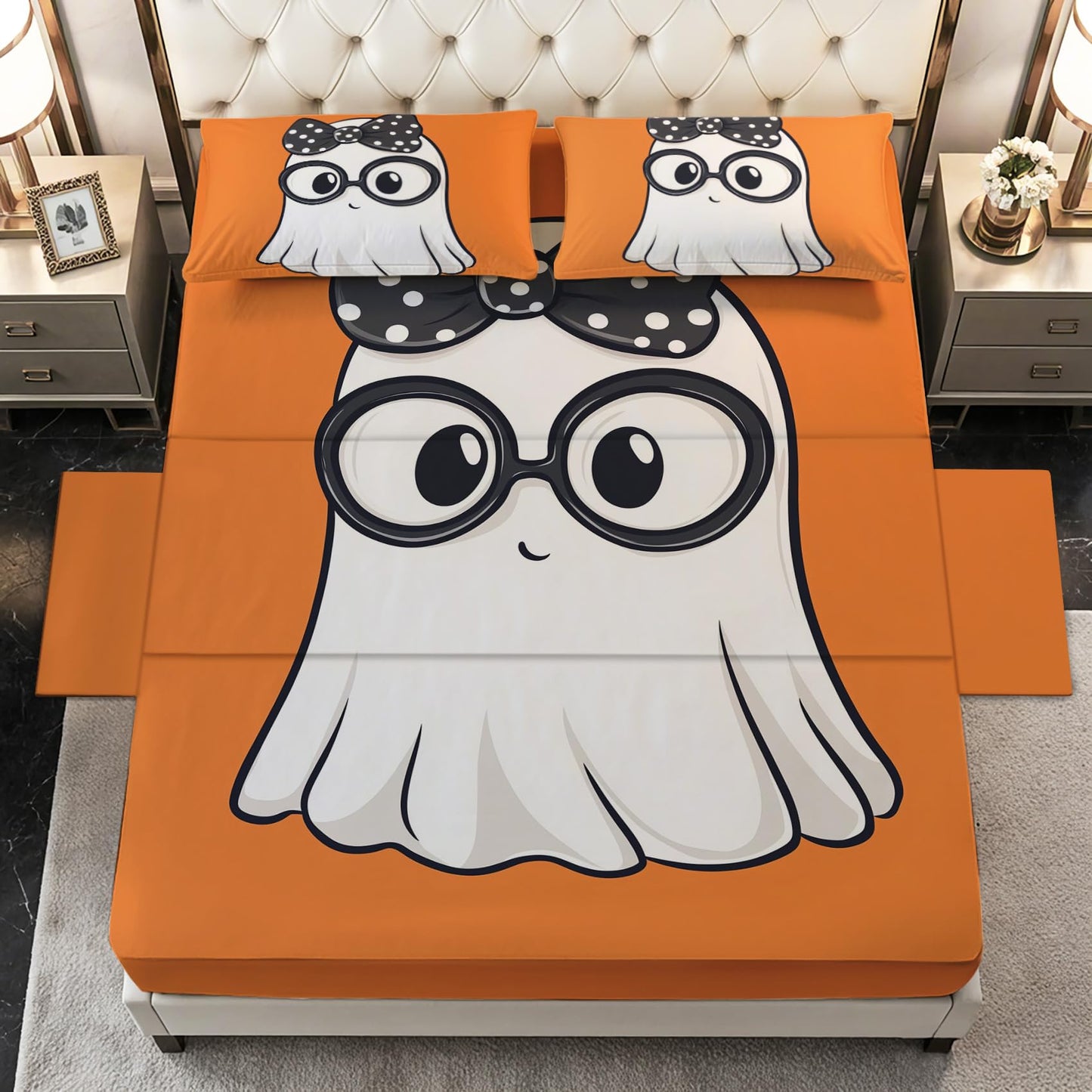 Cartoon Ghost Sheets Twin Size - Kawaii Halloween Orange Bed Sheet Set - Deep Pocket Soft Microfiber Bedding Set 3 Piece - Fitted Flat Sheet Pillowcase - Ghost Bedroom Decor & Gifts