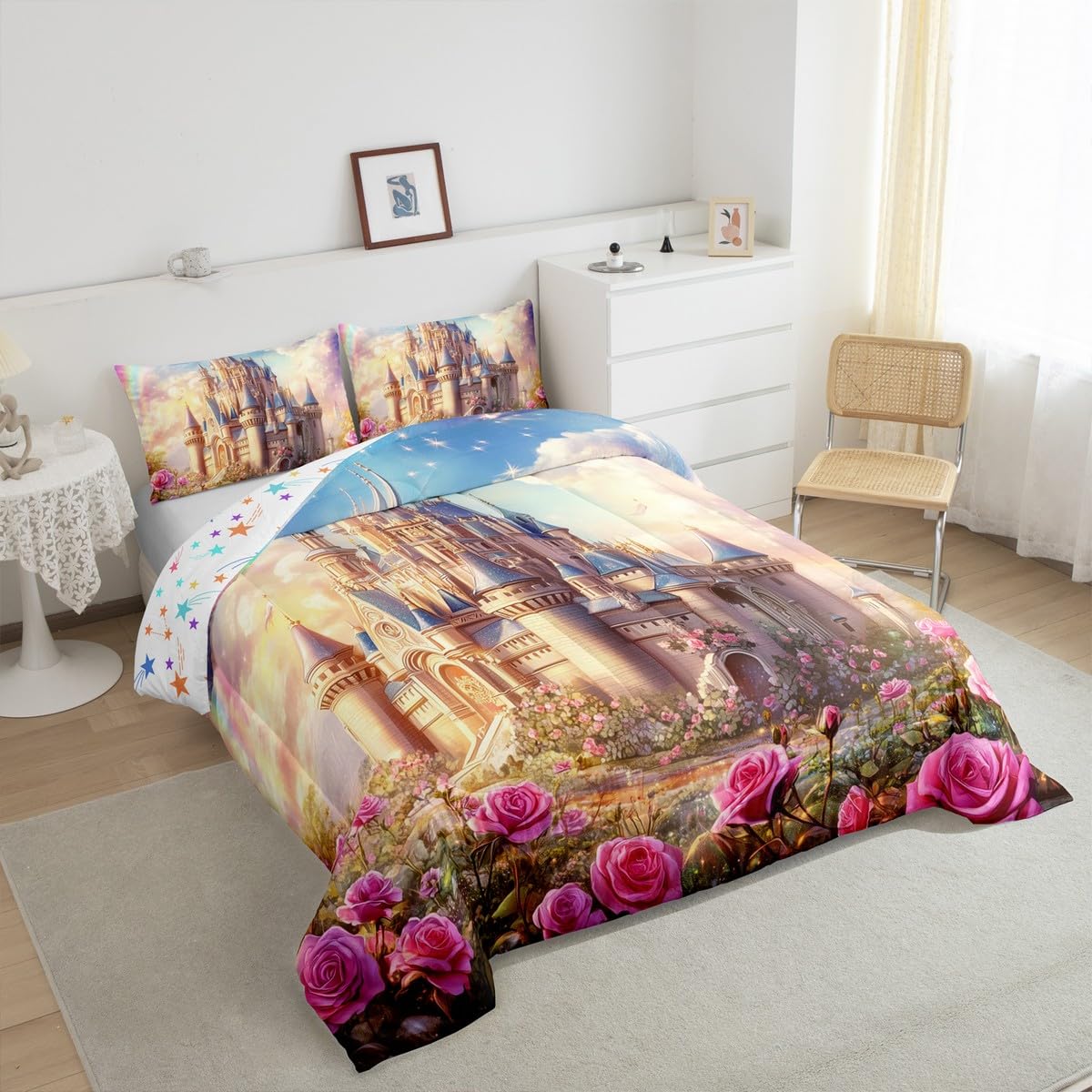 Cartoon Castle Kids Comforter Set Twin Size,Rose Flowers Tale Princess Dreamy Bedding Set,Girls Women Room Decor,Starry Sky Cloud Romantic Down Comforter,Pink Fashion Duvet Insert,1 Pillowcase