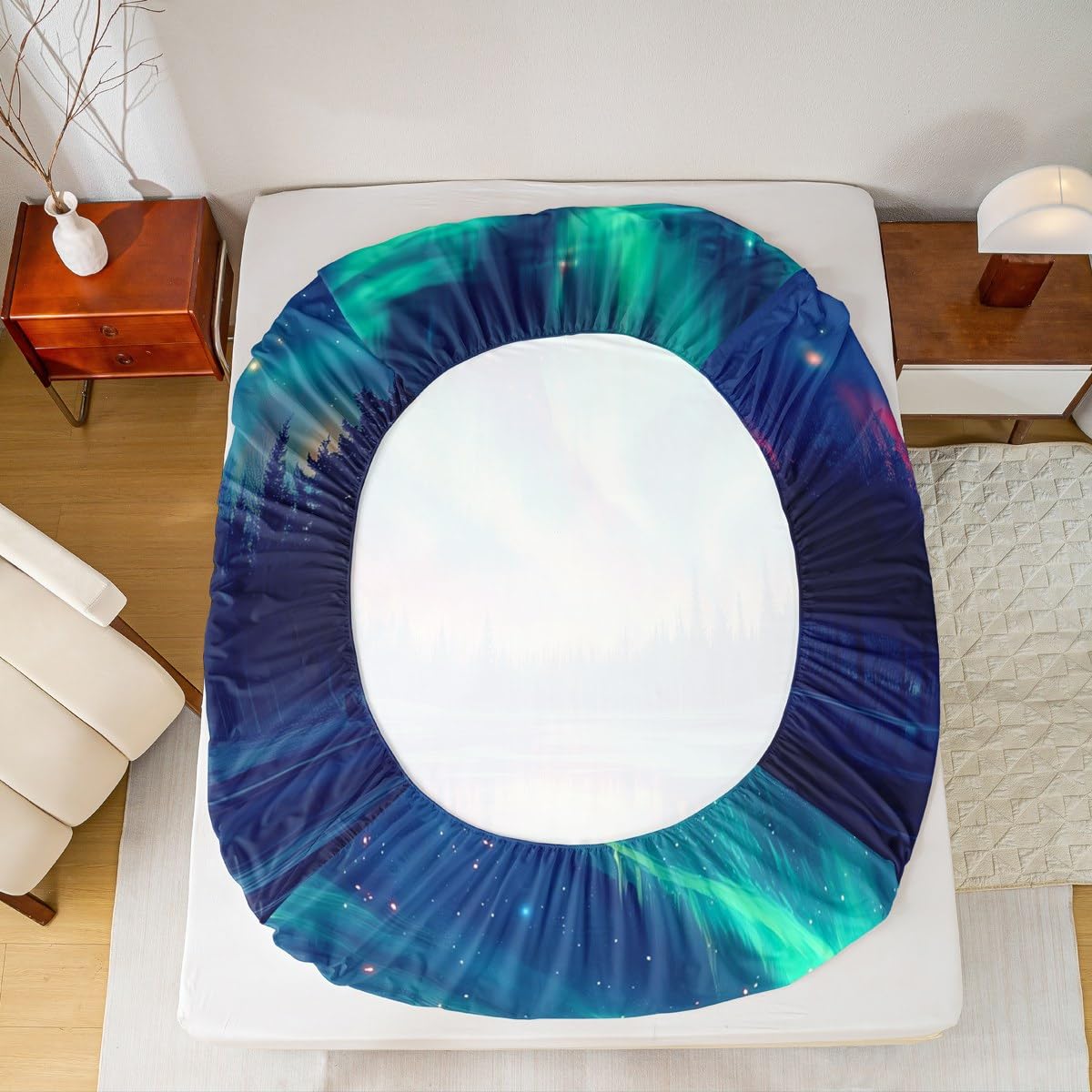 Natural Aurora Bed Sheets Set Dreamy Galaxy Arctic Aurora Flat Fitted Sheet Full Gradient Starry Sky Bed Set For Kids Adult Women Green Blue Tranquil Night Sky Bedding Sets With 2 Pillow Cases