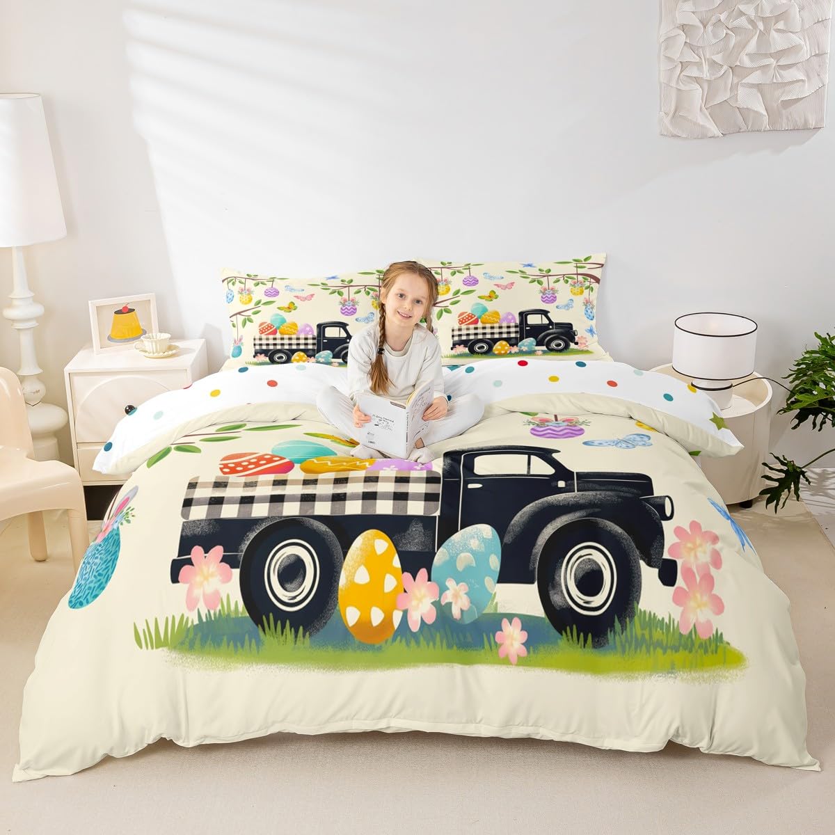 Easter Eggs Duvet Cover Black and White Buffalo Plaid Truck Bedding Set Happy Easter Themed Easter Egg Rabbit Comforter Cover Queen,Green Leaves Tree Branches Kawaii Room Decor Easter Decorations