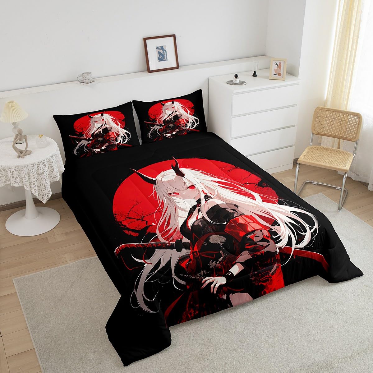 Erosebridal Full Japanese Anime Bedding Set for Kids, Anime Girl Comforter Set Kawaii Japanese Style Duvet Insert Cartoon Japan Animation Quilt for Boys Teens Adult Women Bedroom, Red Black