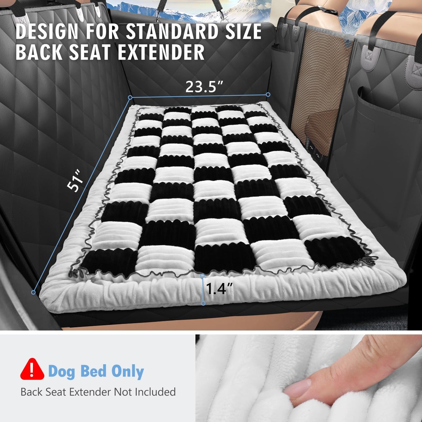 ROUWINNE Backseat Dog Bed Non-Slip, Dog Bed for Car Back Seat Soft and Comfortable, Back Seat Pet Bed Mat for Travel, Pet Car Blanket for Backseat Extender and Seat Covers Checkered (51”X 23.5”)