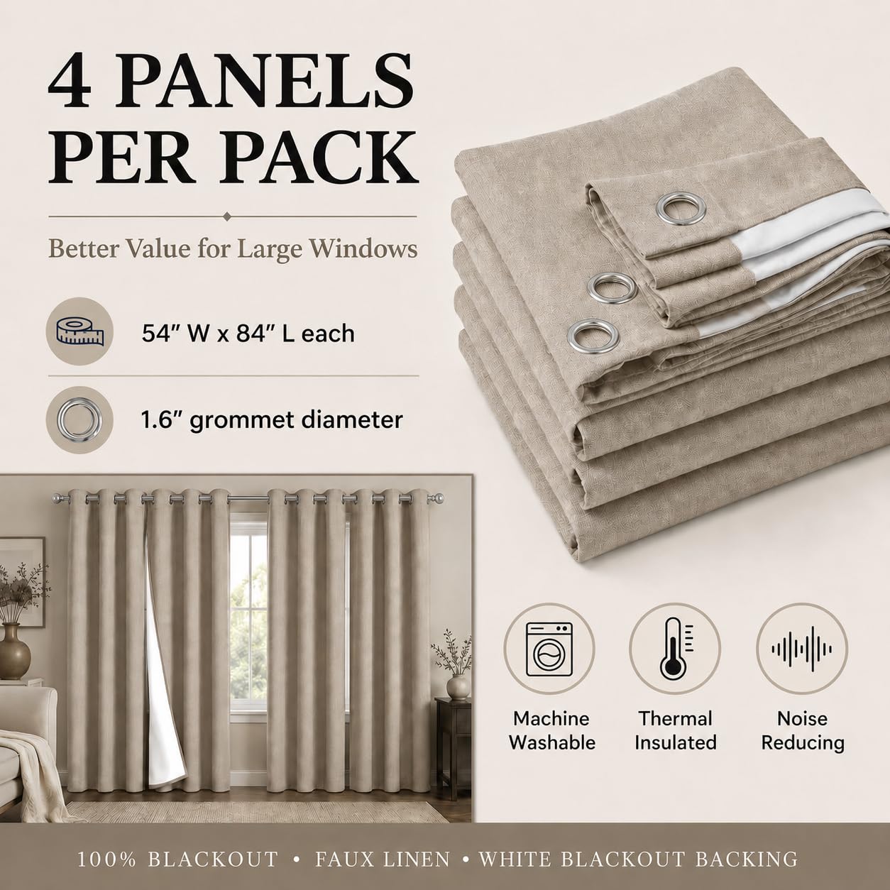 Fchozu 100% Blackout Curtains Set of 4 Panels, Grommet Drapes, Thermal Insulated and Noise Reducing Room Darkening Curtains for Bedroom Living Room