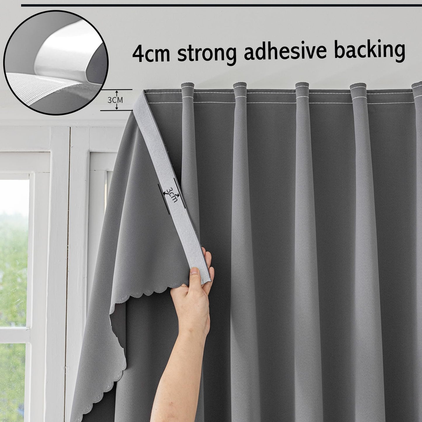 Jilron Magic Tape Stick on Curtains Blackout Curtains for Bedroom no Drillng Self Adhesive Curtain no Rod Small Window (Grey, 35" W x 40" L) 2 Panels