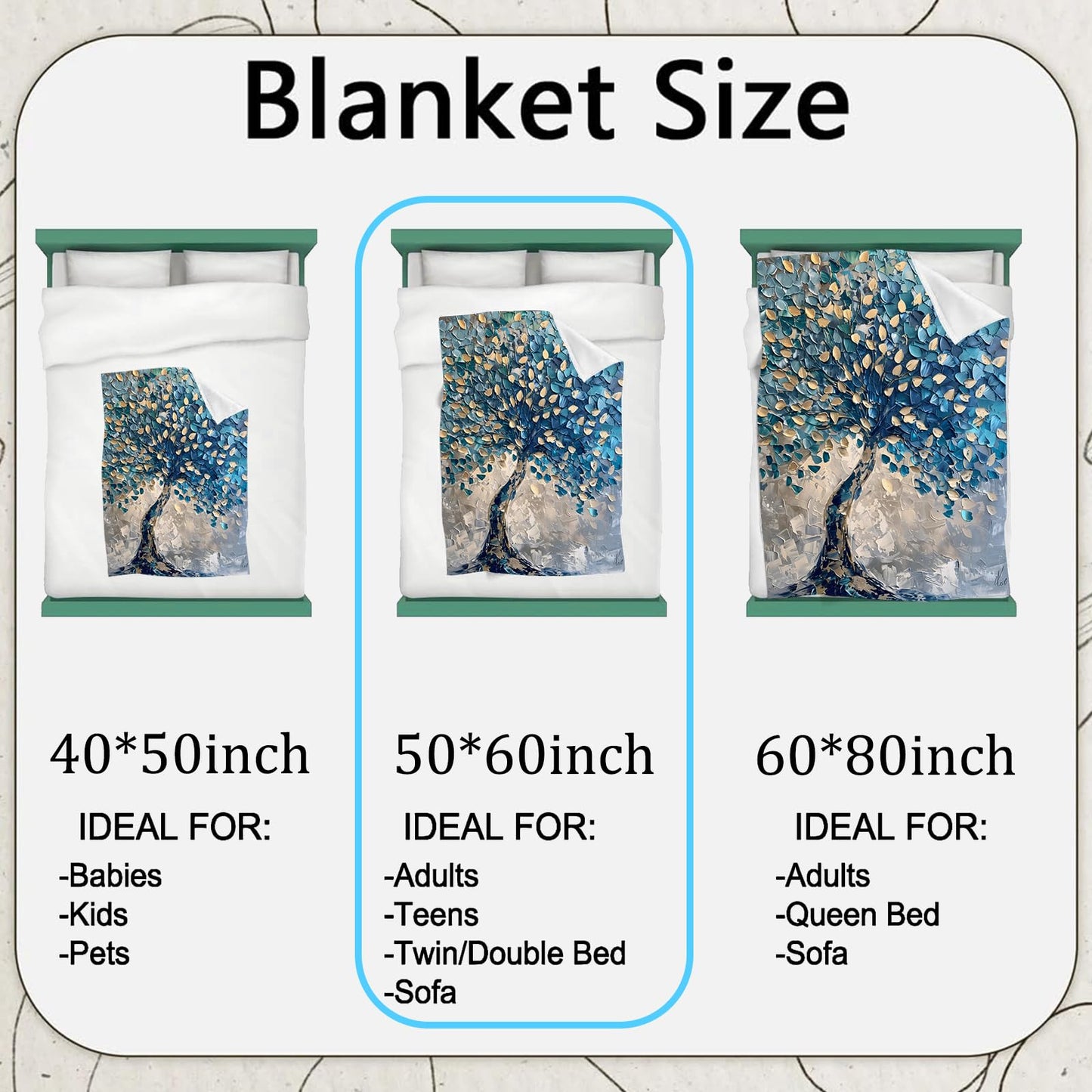 jwyta Tree Flannel Blanket,Abstract Textured Art Throw with Blue and Golden Leaf,Lightweight Fleece Blankets for Nature Lover,Couch,Cabin,Bed,Camping Modern Home Decor Gifts,60x50in