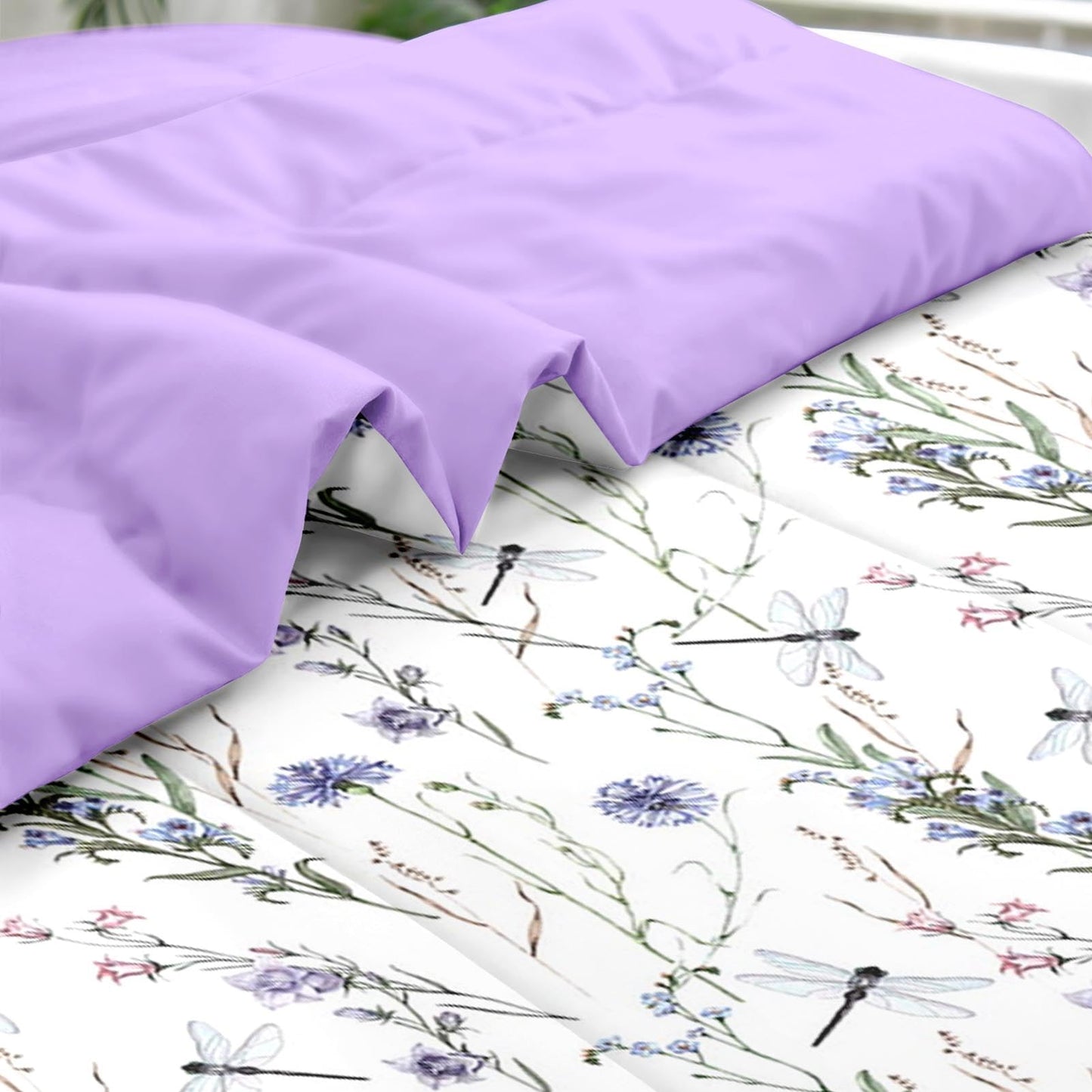 Pamnest Comforter Set Twin Size, Botanical Flower Dragonfly 5 Pcs Bedding for Kids and Adults, Herb Plant Wildflowers Bed Sheet Sets with Fitted Sheet Pillowcase & Sham for Bedroom Bed Decor
