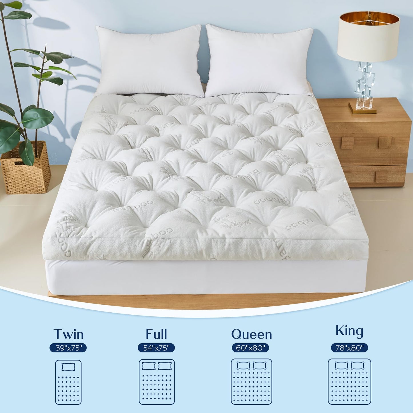 5 Inch Full Mattress Topper Viscose Derived from Bamboo,Extra Thick Pillow Top Mattress Pad Full Size,Cooling for Hot Sleepers,Memory Foam Filling for Pain Relief,White