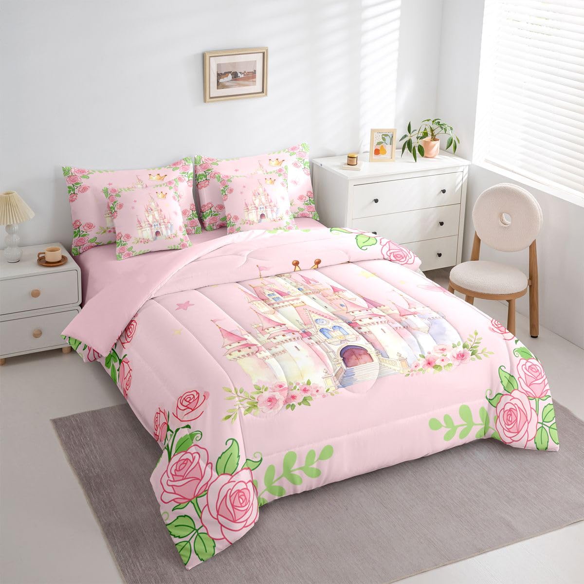 Feelyou Girls Pink Castle Comforter Set Queen SizeBlossom Flowers 7 Pcs Bedding for Kids Kawaii Cute Princess Style Boys Girls Bed in a Bag Bed Sheet Sets with Fitted Sheet Pillowcases for Bedroom Bed
