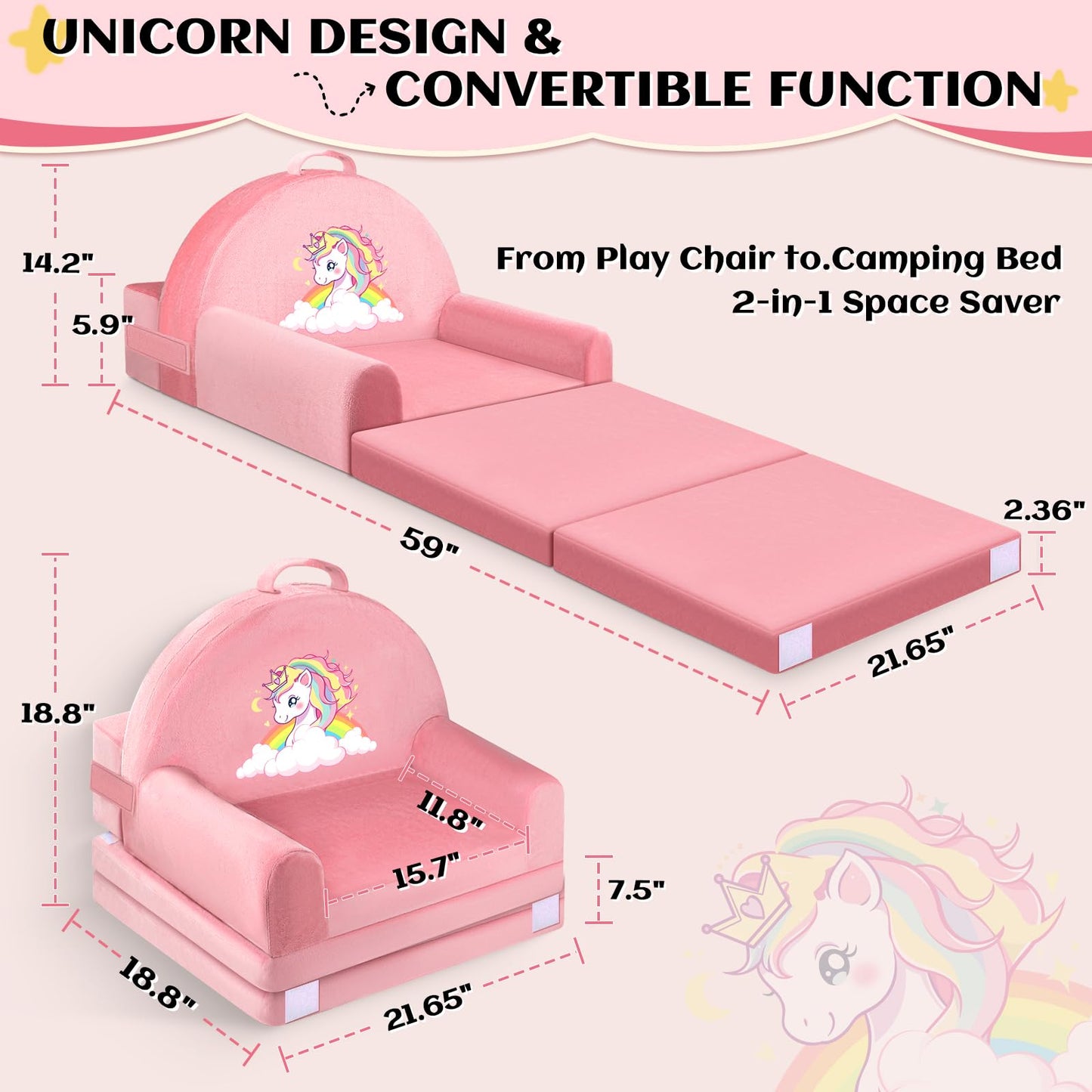 ORWIPO Unicorn Kids Sofa Bed with Removable Washable Cover & Hook and Loop Backrest – Foldable Toddler Chair, Cozy Crystal Velvet Furniture for Playtime, Naps & Travel (Pink, Unicorn Design)