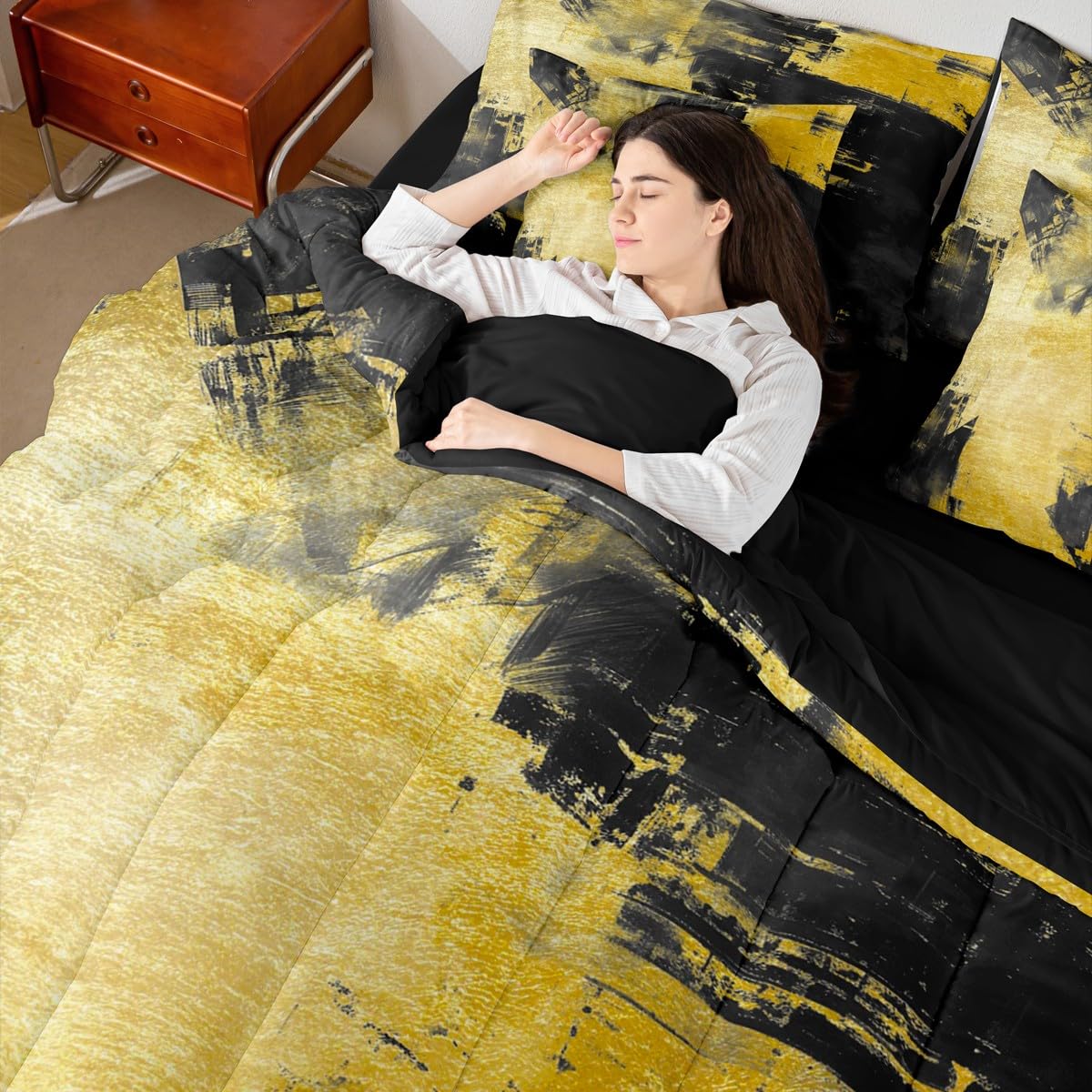 Feelyou Abstract King Comforter Set with Sheets for Kids Boys Girls Modern Abstract Art 7 Pieces Bedding Set Luxury Bed in a Bag Geometric Room Decor Yellow and Black Soft Lightweight Microfiber