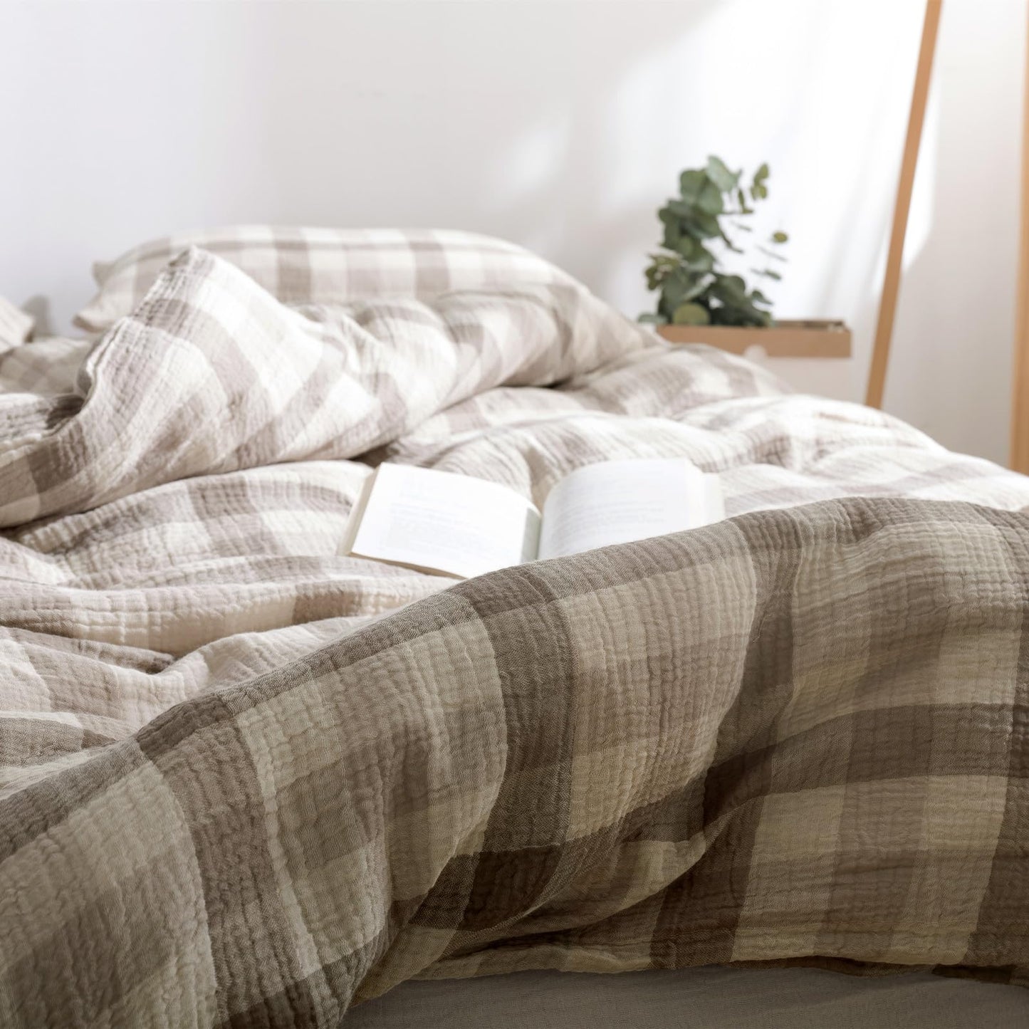 VM VOUGEMARKET Beige Grey Gingham Duvet Cover Queen Muslin Cotton Plaid Bedding Set Soft Breathable Linen Like Gauze Comforter Cover with Zipper Closure for Teen Men-3 Pieces,90"x90"
