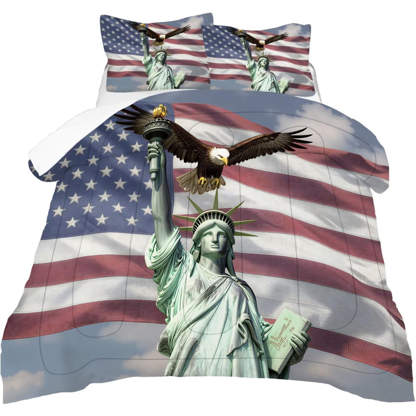 DJNEAR Eagle Comforter Set Full Size Stars Stripes USA American Flag Bedding Sets for Boys Kids Teens Adults Bedroom Decor Statue of Liberty Quilt 1 Comforter 2 Pillowcases