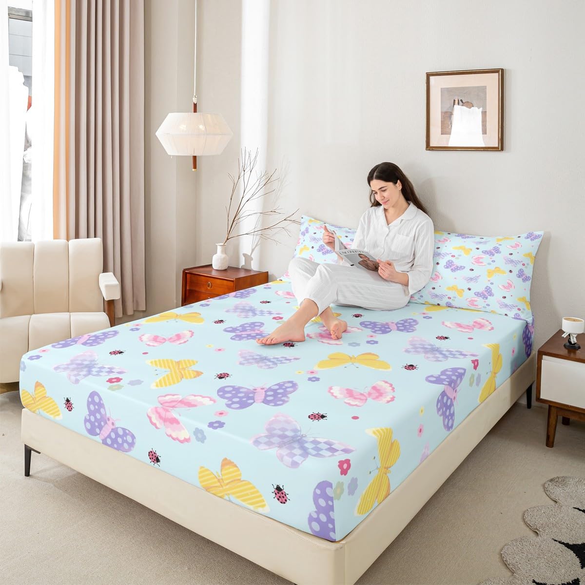 Feelyou Yellow Butterfly Fitted Sheet Twin Size for Kids Boys Girls Pink Butterflies Print Bed Sheets Set 16" Deep Pocket Cute Flowers Bedding with 1 Pillowcase Ladybug Room Decor