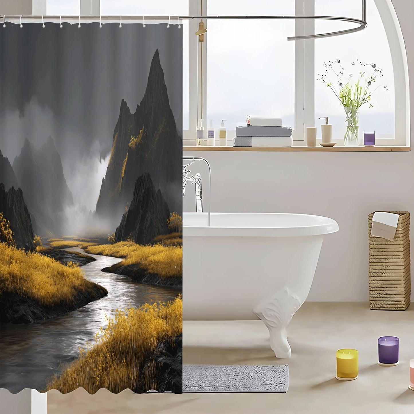 ZROLUW Mountains River Shower Curtain Set 36" W x 72" L Nature Scenery Landscape Bath Curtain Bathroom Fabric Polyester Waterproof Modern Shower Curtains with Hooks