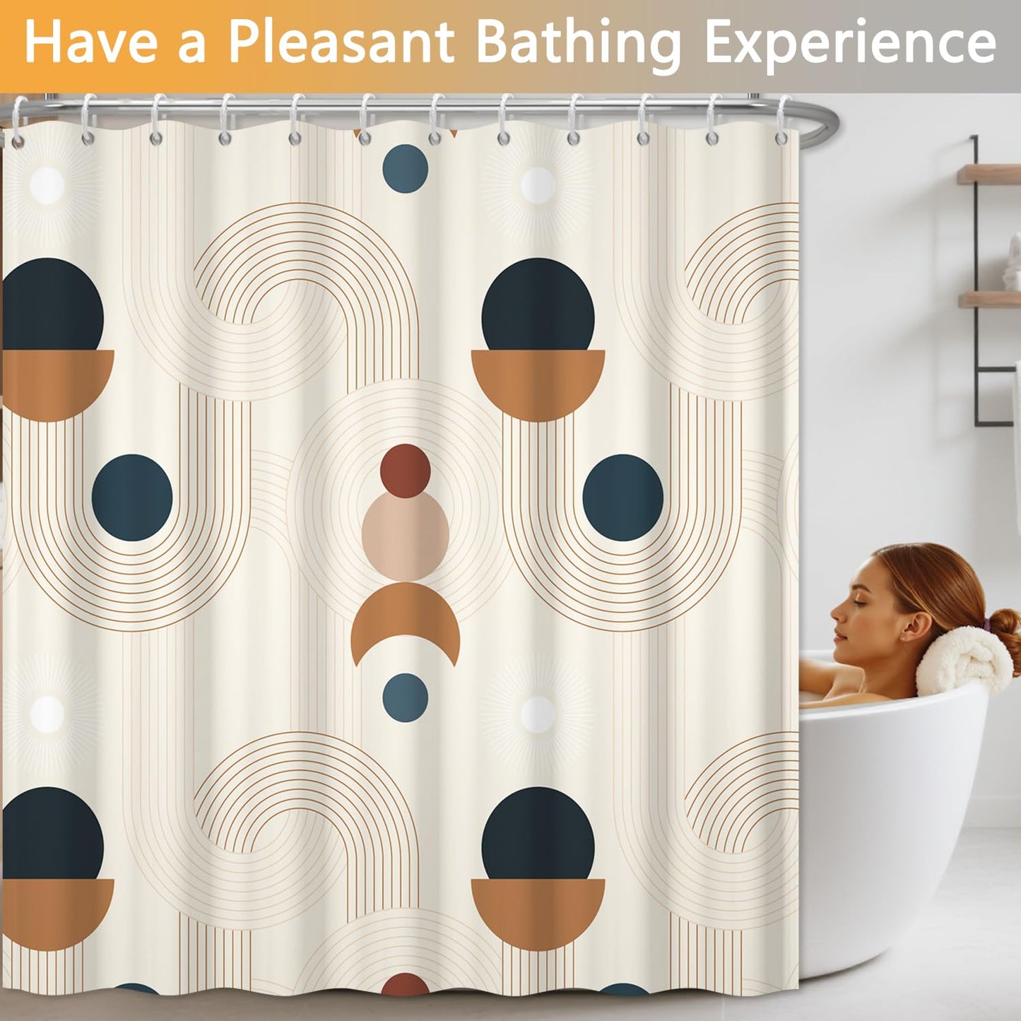 Abstract Mid Century Shower Curtain, Boho Geometric Arch Beige Retro Bathroom Shower Curtains, Morden Minimalist Hotel Style Polyester Shower Curtain, Waterproof Fabric with Hooks, 72" W x 72" L