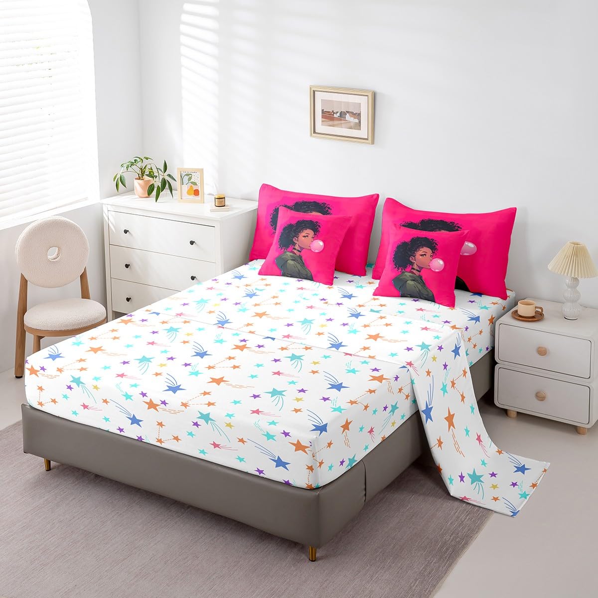 jejeloiu Kids Cool Black Girl Comforter Set 7 Pieces Full Size African American Girl Bedding Set for Boys Girls Pink Bed in a Bag with Comforter, Sheets, Pillowcases & Cushion Covers（No Glitter）