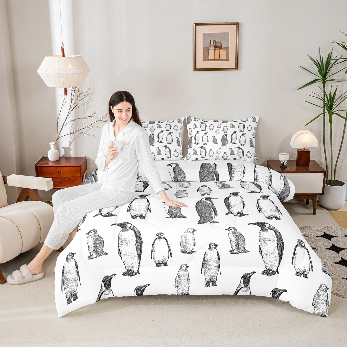 Erosebridal Penguin Comforter Set Twin Size, Antarctic Animal Down Comforter for Kids Boys Girls Children, Winter Theme Duvet Insert Penguin Sketch Quilted Duvet Bed Decorative, Grey White