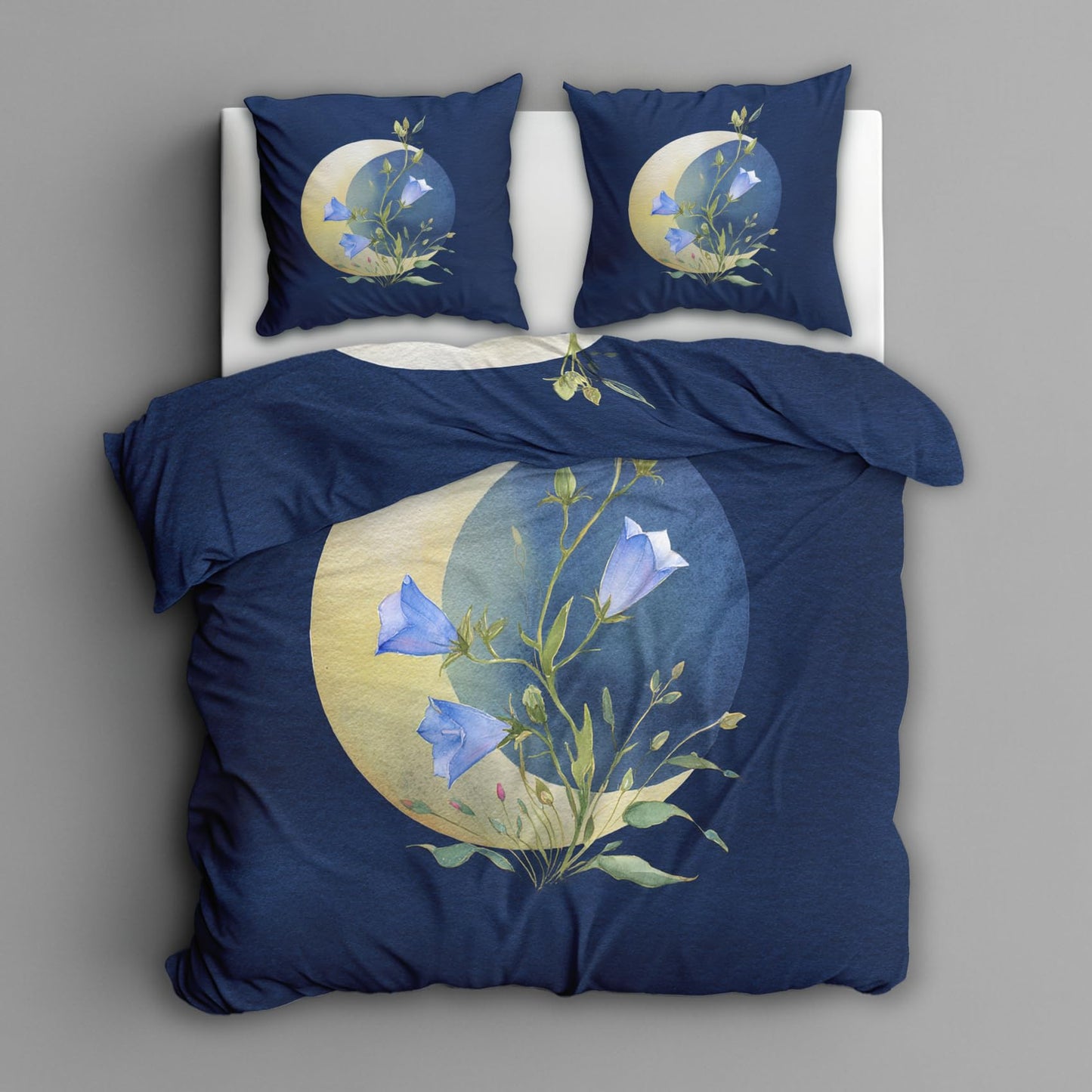 Aesthetic Flower Full Duvet Cover Set 3 Piece, Blue Floral Moon Reversible Bedding with 2 Pillow Shams, Zipper & Ties, Ultra Soft Microfiber, Flower Bedroom Decorations 74A-R