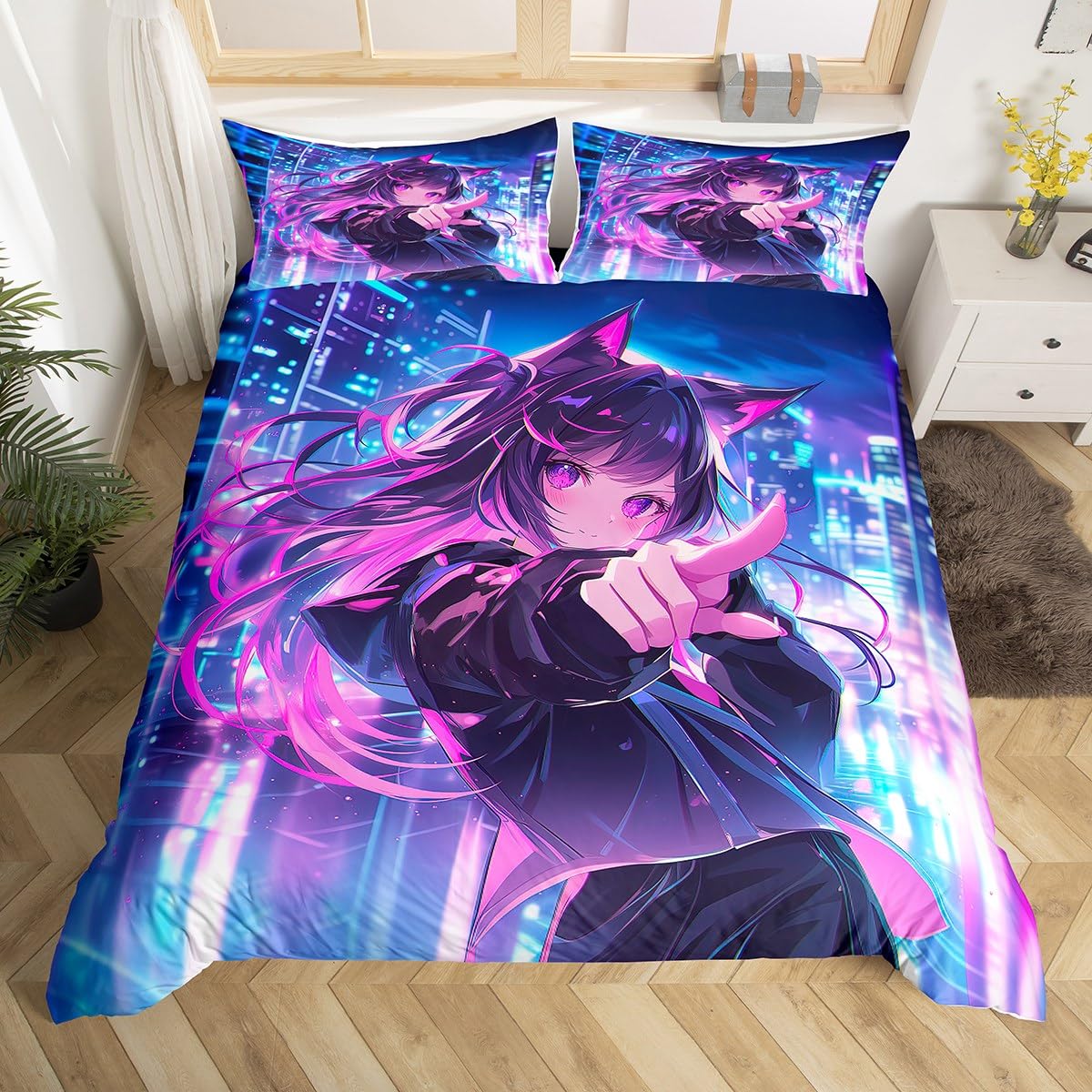Erosebridal Kids Anime Girl Full Size Comforter Cover, Japanese Anime Duvet Cover, Cartoon Girl Bedding Set for Boys Teens Bedroom Decor, Kawaii Japanese Animation Bed Set with 2 Pillow Cases