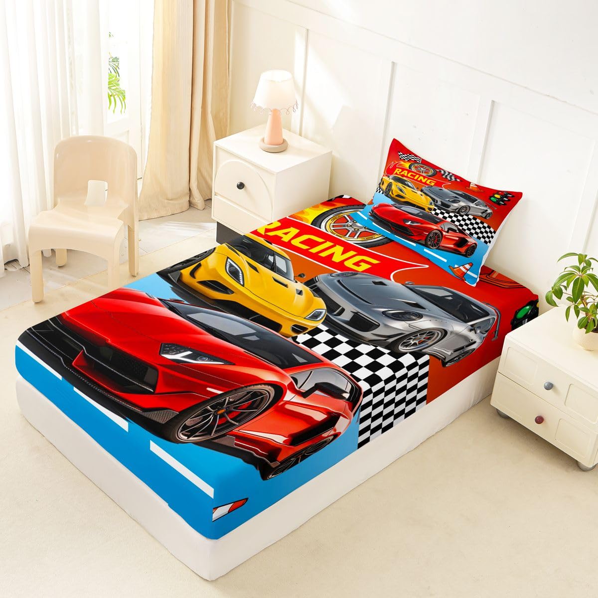 Feelyou Boys Race Car Fitted Sheet Twin Size for Kids Boys Girls Speed Sports Car Bed Sheets Set 16" Deep Pocket Soft Breathable Microfiber Racing Bedding with 1 Pillowcase Extreme Sports Room Decor