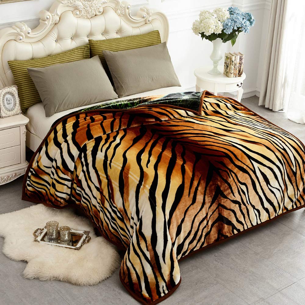 JYK Korean Faux Mink Fleece Blanket 75”x87” and 5 LB Mink Blanket - 2 Ply Reversible 520GSM Silky Soft Plush Warm Blanket for Autumn Winter, A&B Pattern (Queen, Tiger/Tiger Stripes)