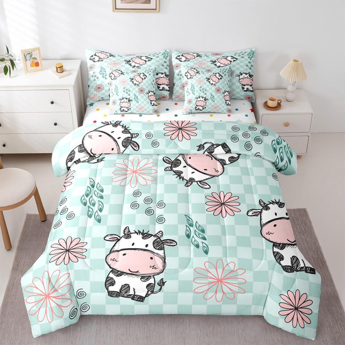 Erosebridal Kids Cartoon Cow Queen Comforter Set with Sheets | Lovely Animal 7 Piece Bedding Set Cute Pet Bed in a Bag, Buffalo Checked Backdrop Abstract Flowers Room Decor