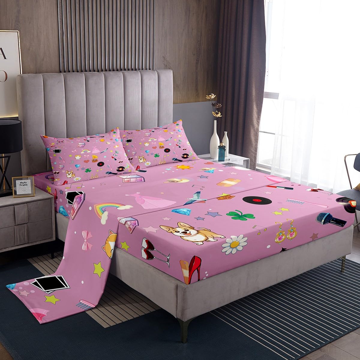 Erosebridal Music Theme Bed Sheets Set King Girls Pop Singer Sheet Set for Kids Women Fashion Guitar Lipstick Sheets Snake Flower Flat Fitted Sheet Microfiber Pink Gift for Music Fans Friend