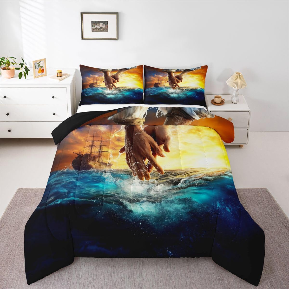 Manfei The Hand of God Girls Bedding Set Twin Size,God Reaching Into Water Comforter Set,Western Blue Ocean Bible Quilt Comforter Girls Boys Teens,Blue Orange Room Decor All Season,1 Pillowcase