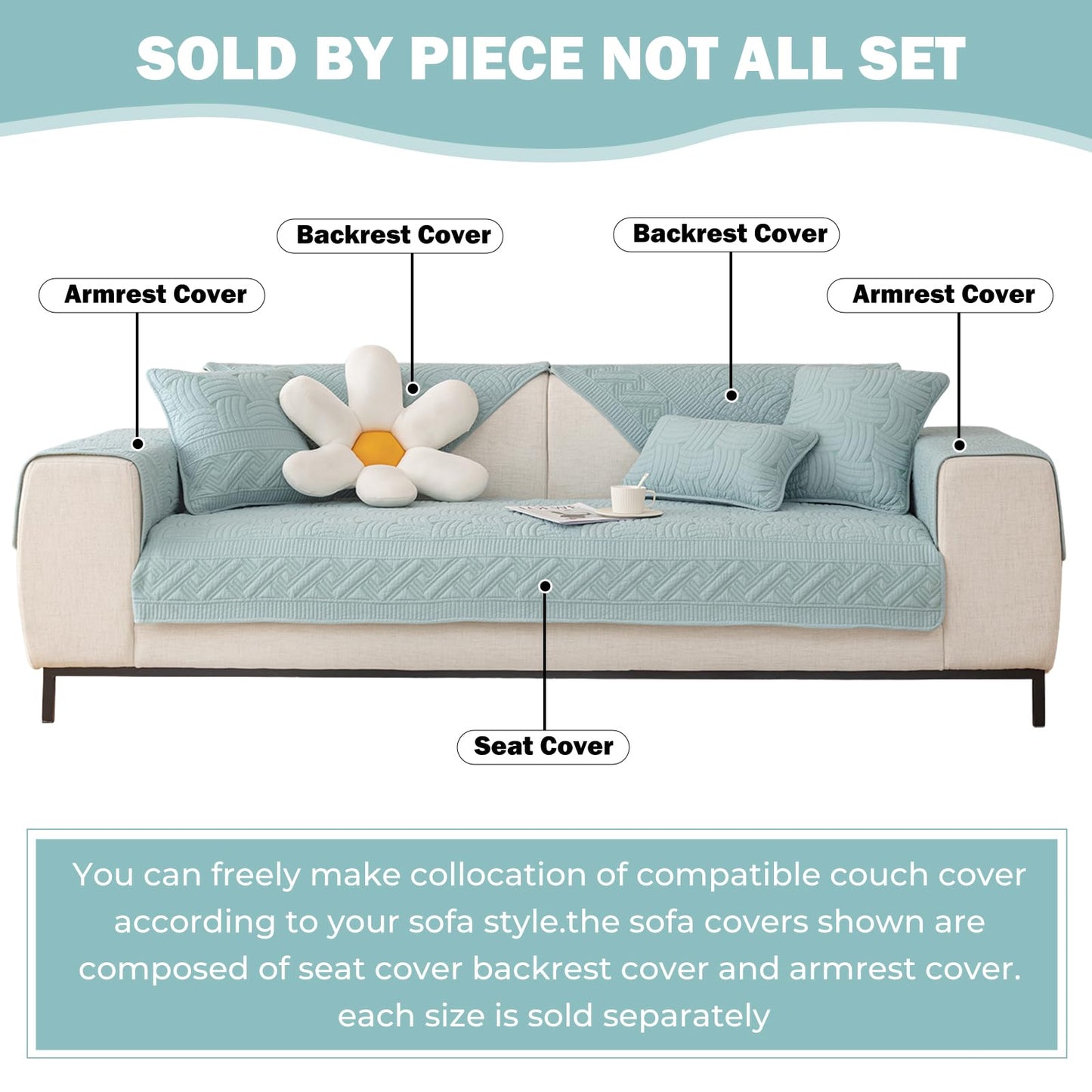 XSlive Farmhouse Cotton Quilted Sofa Cover Weave Pattern Embroidery Sectional Couch Cover Soft Nonslip Sofa Slipcover Furniture Protector Cover for Pets Kids Children Dog Cat (Light Blue,28"x28")