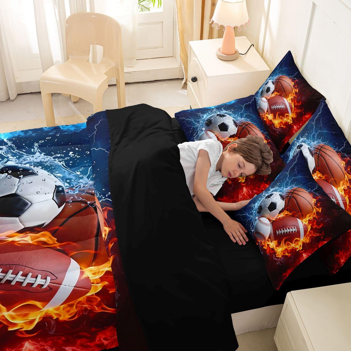 Feelyou Boys Sports Comforter Set with Sheets 7 Piece Twin Size Football Baseball Soccer Bed in a Bag Kids Boys Girls Basketball Bedding Set Ball Game Sports Bedroom Decor Breathable Soft Microfiber
