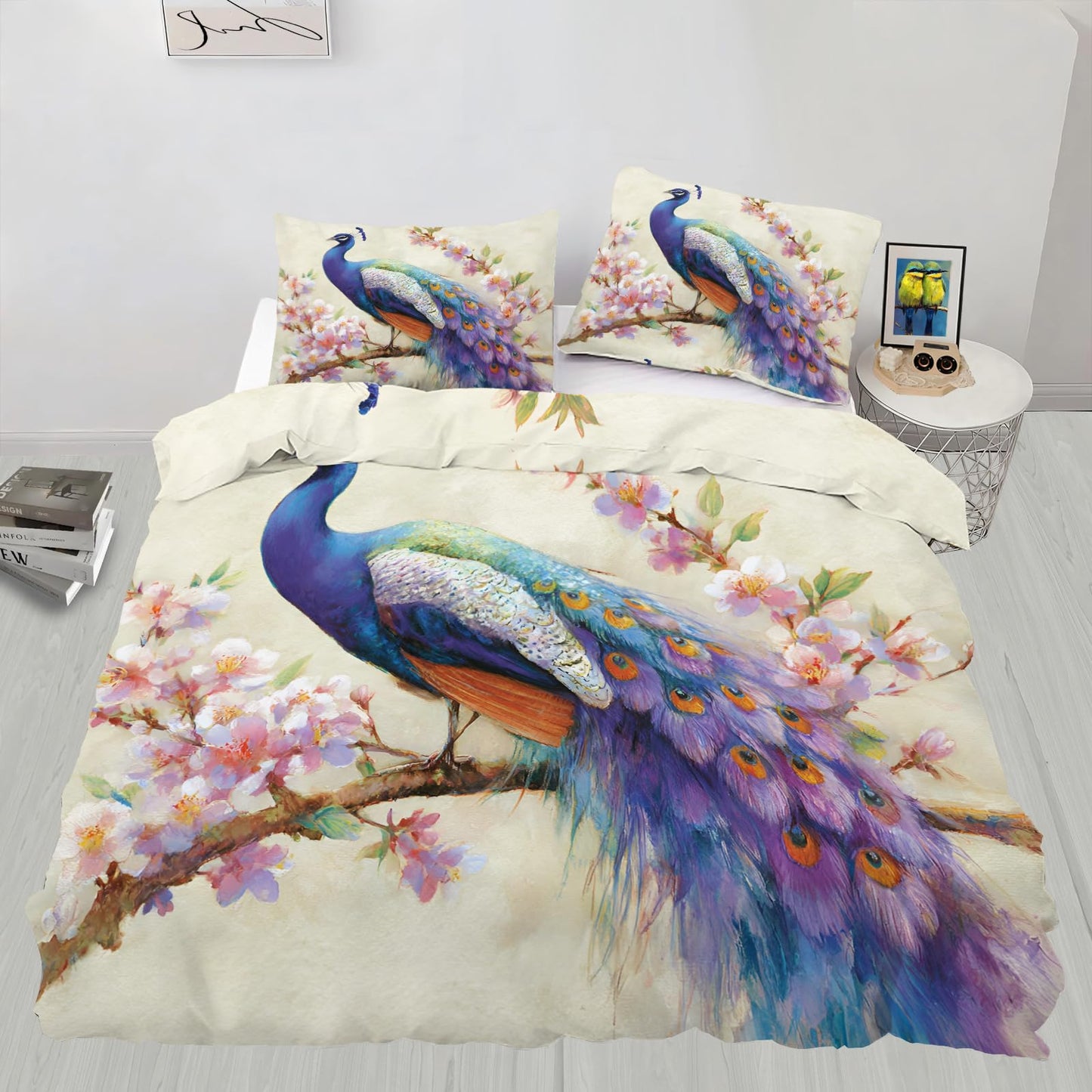 Peacock Duvet Cover Twin Size, Purple Peacock Feather Comforter Cover 68" x 90" & 2 Pillowcases, Fantasy Birds Bedding Set with Zipper Ties