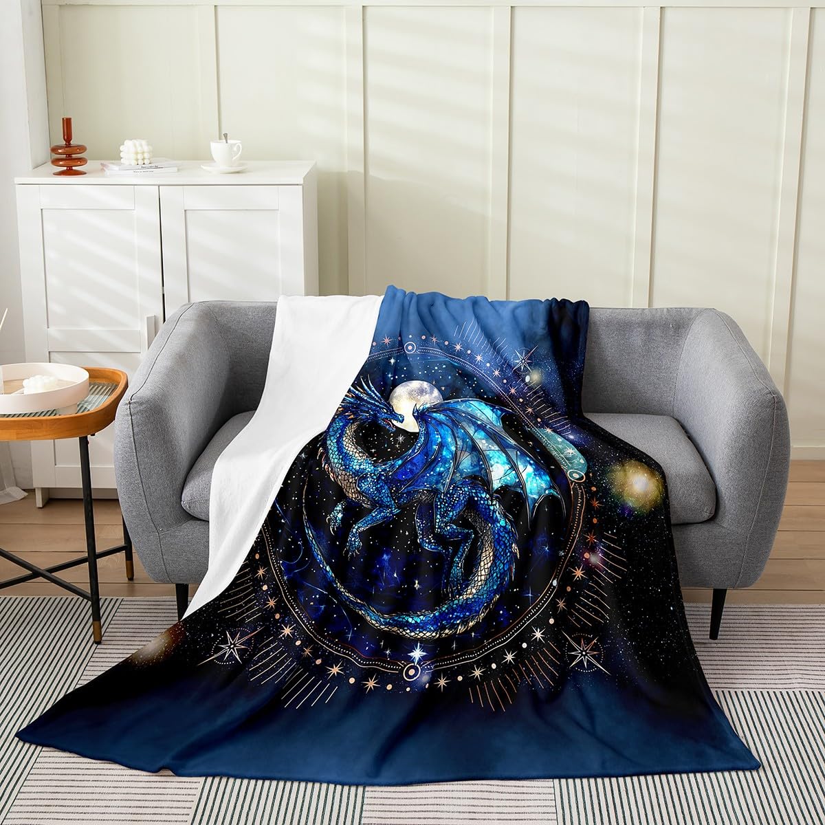 Feelyou Dragon Plush Throw Blanket Queen 90"x90" Dragon Stuff Flannel Fleece Blanket for Boys Girls Teens Luxury All Season Bed Blanket Dragon Decor Blanket Room Decor Blue Black