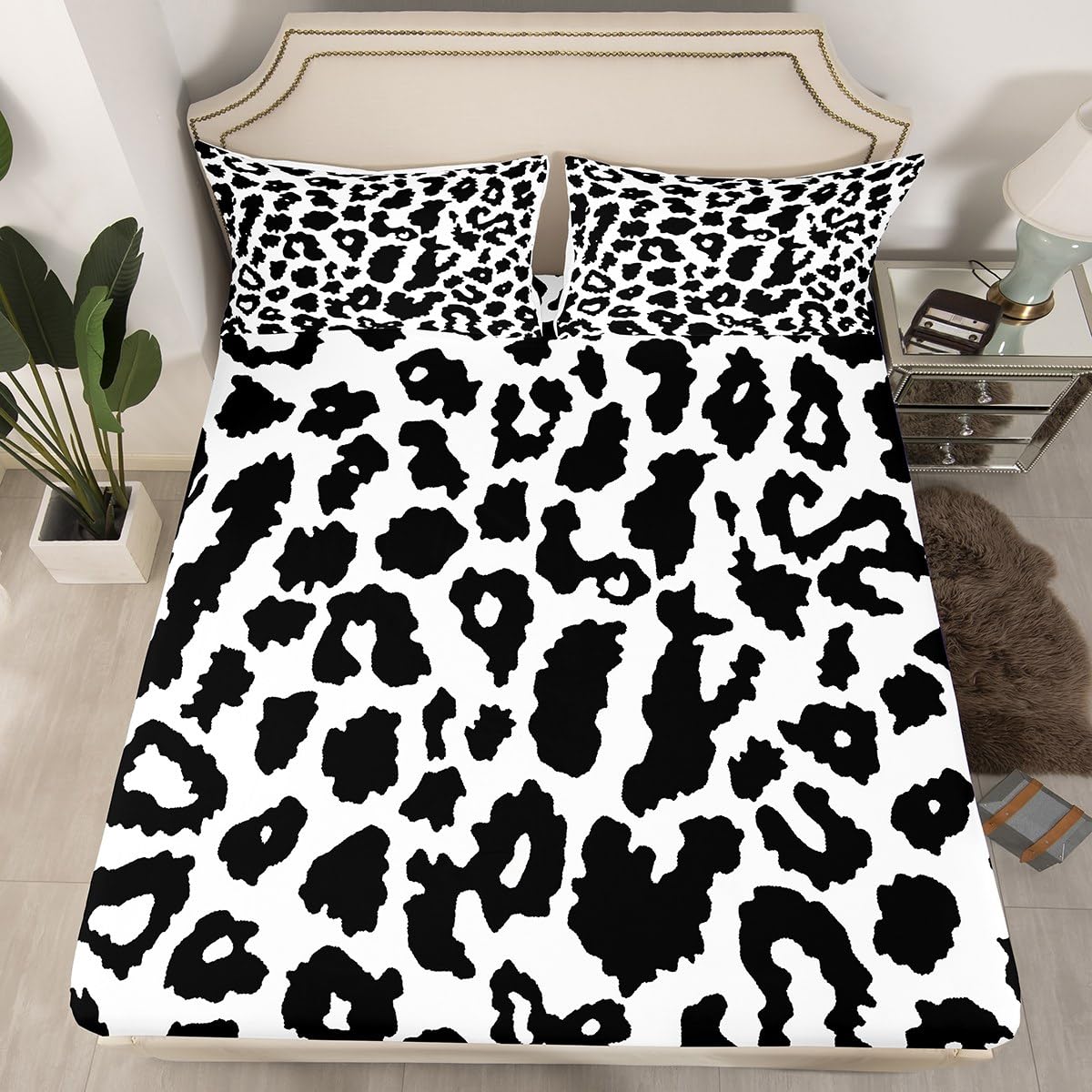 Feelyou Black White Leopard Bed Sheet Set Boys Girls Queen Size Cheetah Fitted Sheet for Kids Women Men Ultra Soft Animal Print Bedding Set Safari Bed Cover Room Decor Zebra Bed Set