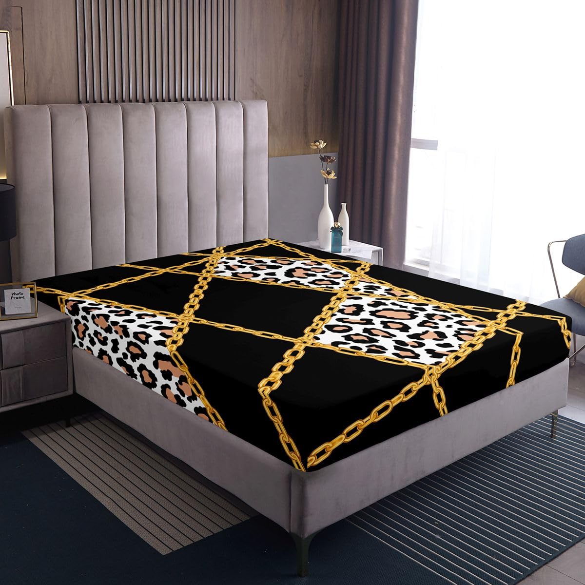 jejeloiu Black Leopard Fitted Sheet with 1 Pillowcase Twin Size Iron Chain Print Bed Sheets Set 16" Deep Pocket Boys Girls Cheetah Bedding Animal Print Teens Bedroom Decor Breathable Soft Lightweight