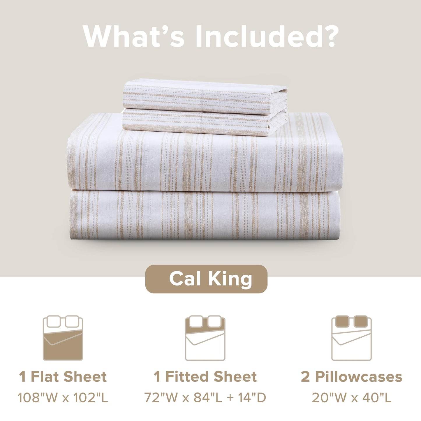 Comfort Spaces 100% Cotton Sheets Cal King, Breathable, Naturally Cool Cotton Sheets, Cotton Bed Sheets with 14" Elastic Pocket Fits up to 16" Mattress, All Seasons Sheet Set, Good Vibes Taupe 4 Piece