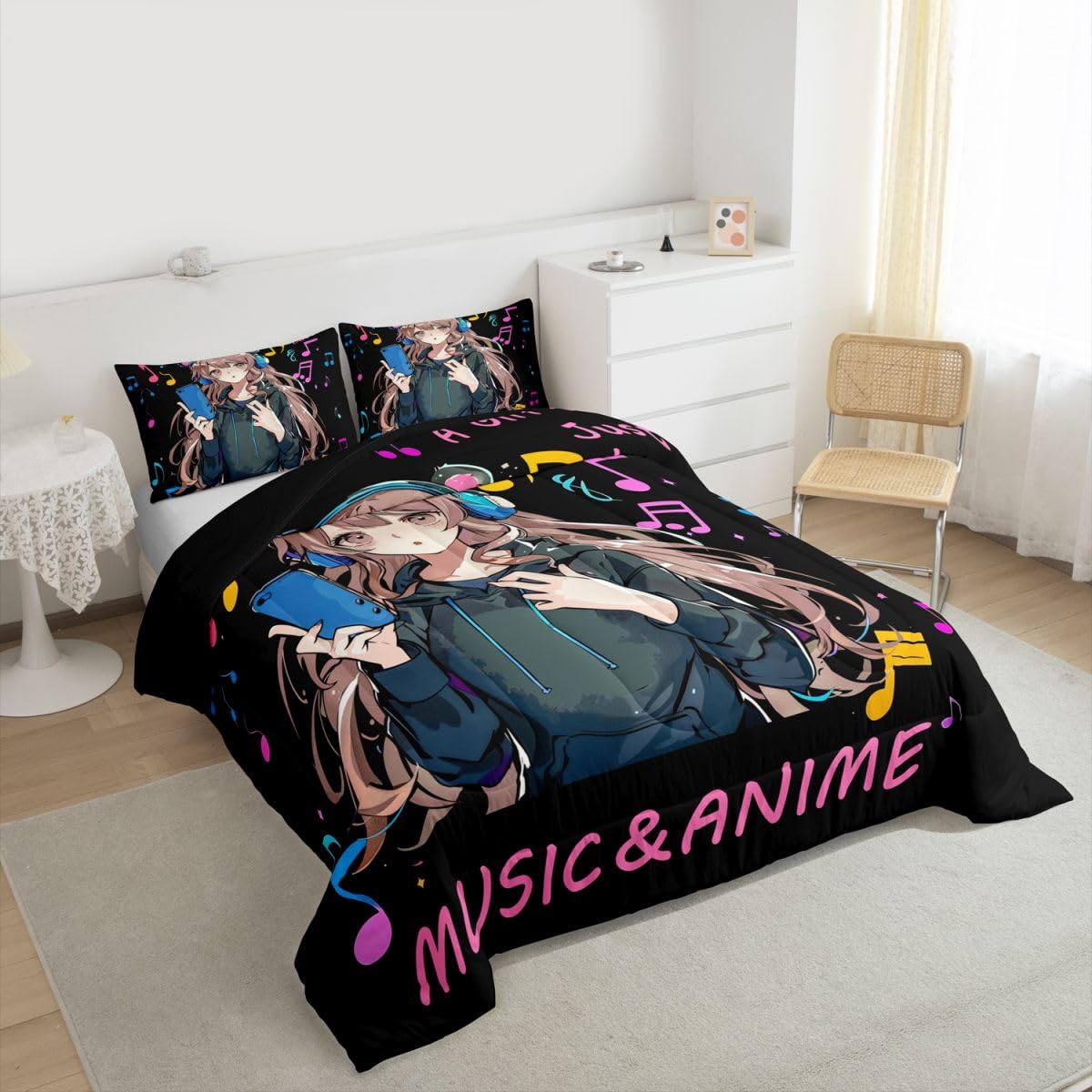 Erosebridal Pink Anime Girl Twin Bedding Set,Music Note Comforter Set Anime Gifts for Kids Teen Girls,Musical Themed Quilt Bed Set Japanese Anime Bedding Comforter Sets,1 Pillowcase Room Decor
