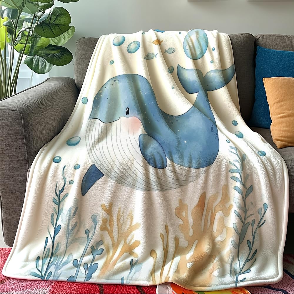 HUNXIAOJ Whale Blanket Sea Animal Blankets for Kids Cute Animal Blanket Whale Bedding Warm Soft Flannel for Bed Sofa Couch (49in x 59in)