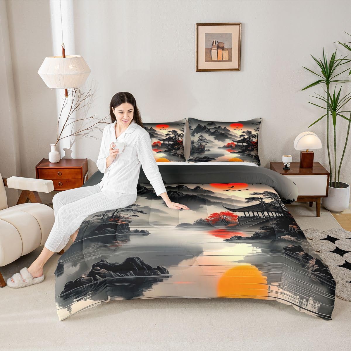 jejeloiu Chinese Ink Painting Comforter Set All Season Red Sun Bedding Set with 2 Pillow Cases Mountain Microfiber Kids Queen Bedclothes Japanese Style Bedroom Decor Duvet Quilt Breathable Soft