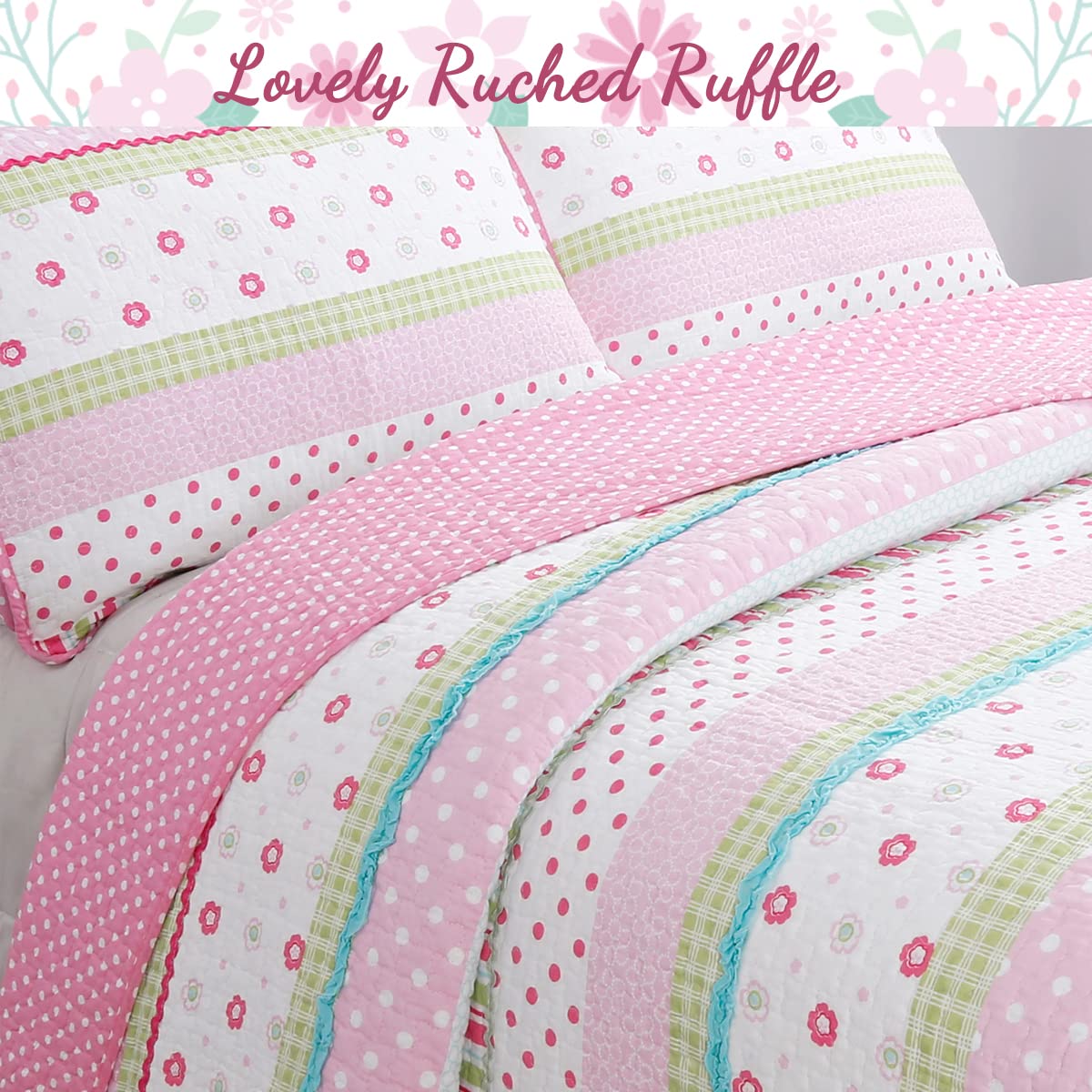 Cozy Line Home Fashions Pink Polka Dot Flower Girl 100% Cotton Reversible Quilt Bedding Set, Coverlet, Bedspread (Greta Pastel, Twin - 2 Piece: 1 Quilt + 1 Sham)