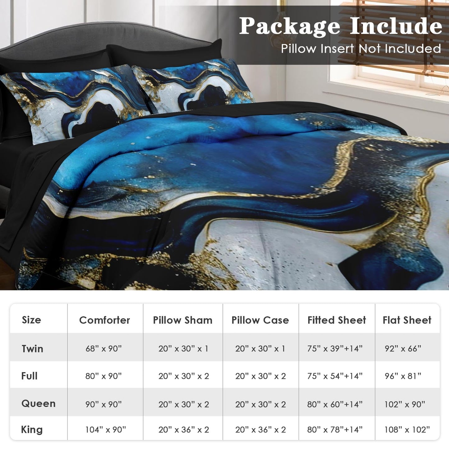 Pamnest Comforter Set Queen Size, Deep Blue Painting 7 Pcs Bedding Set for Kids and Adults, Gold Marble Stone Bed Sheet Sets with Fitted Sheet 2 Pillowcase & 2 Sham for Bedroom Bed Decor
