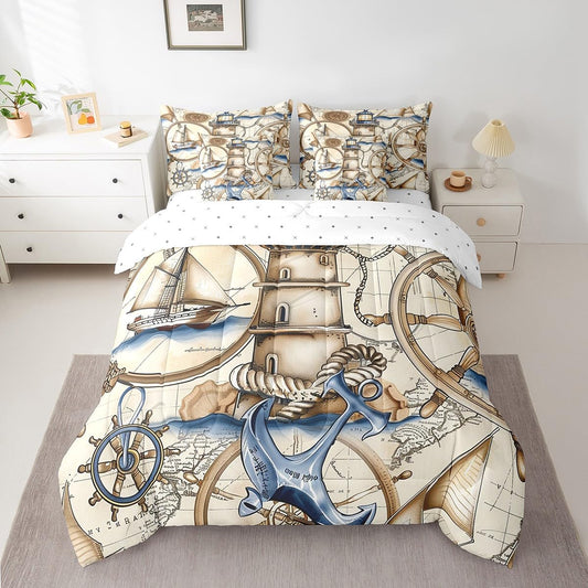 Erosebridal Lighthouse Comforter Set 7 Piece Bed in a Bag Twin,Vintage Ocean World Map Boat Anchor Bedding Sets Nautical Rope Knot Retro Steering Wheel Compass Sheet Set with Comforter