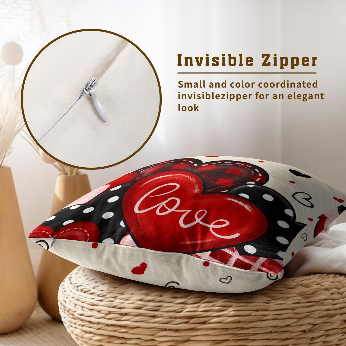 Mweet Valentines Day Pillow Covers 18x18 Inch Set of 2, Red Black Plaid Dots Hearts and Love Design Square Pillowcases for Sofa Couch Bed Chair Indoor Outdoor Home Decor