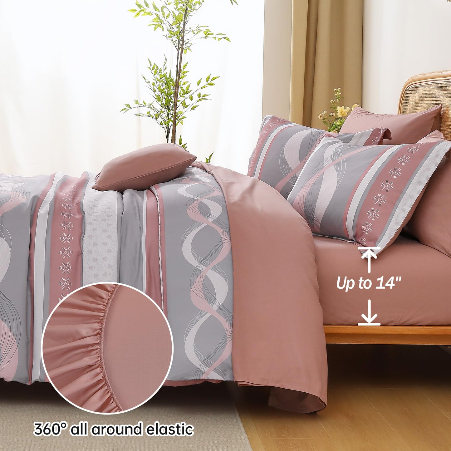 Anibedding Comforter Set King Size,8 Pieces Pink Boho Bed in a Bag Patchwork Striped Comforter Set, Soft Microfiber Bedding Set for All Season(104"×90")